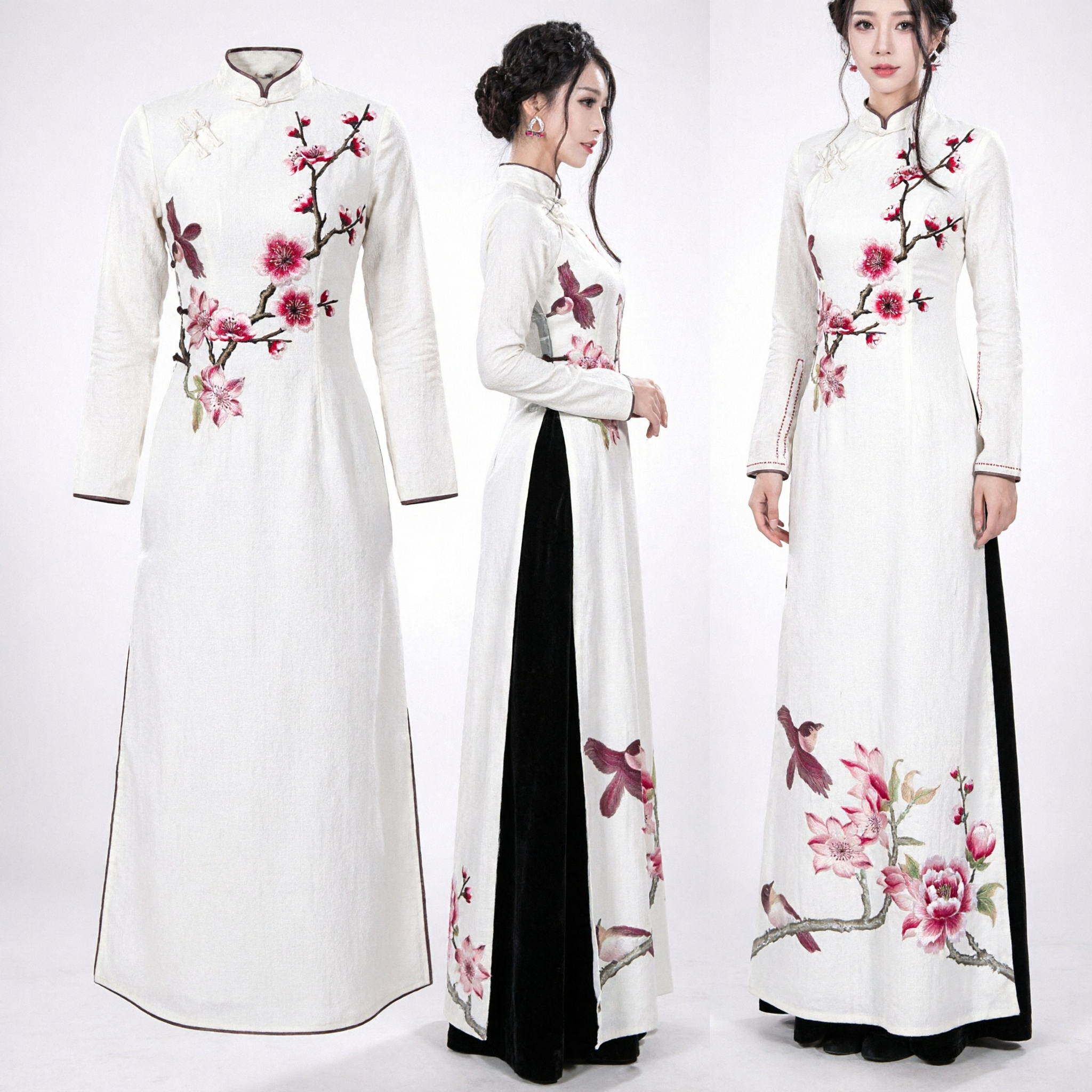 Elegante Ao Dai vietnamita bianco tradizionale con fiori di magnolia, top a maniche lunghe per donne - Asian Costume