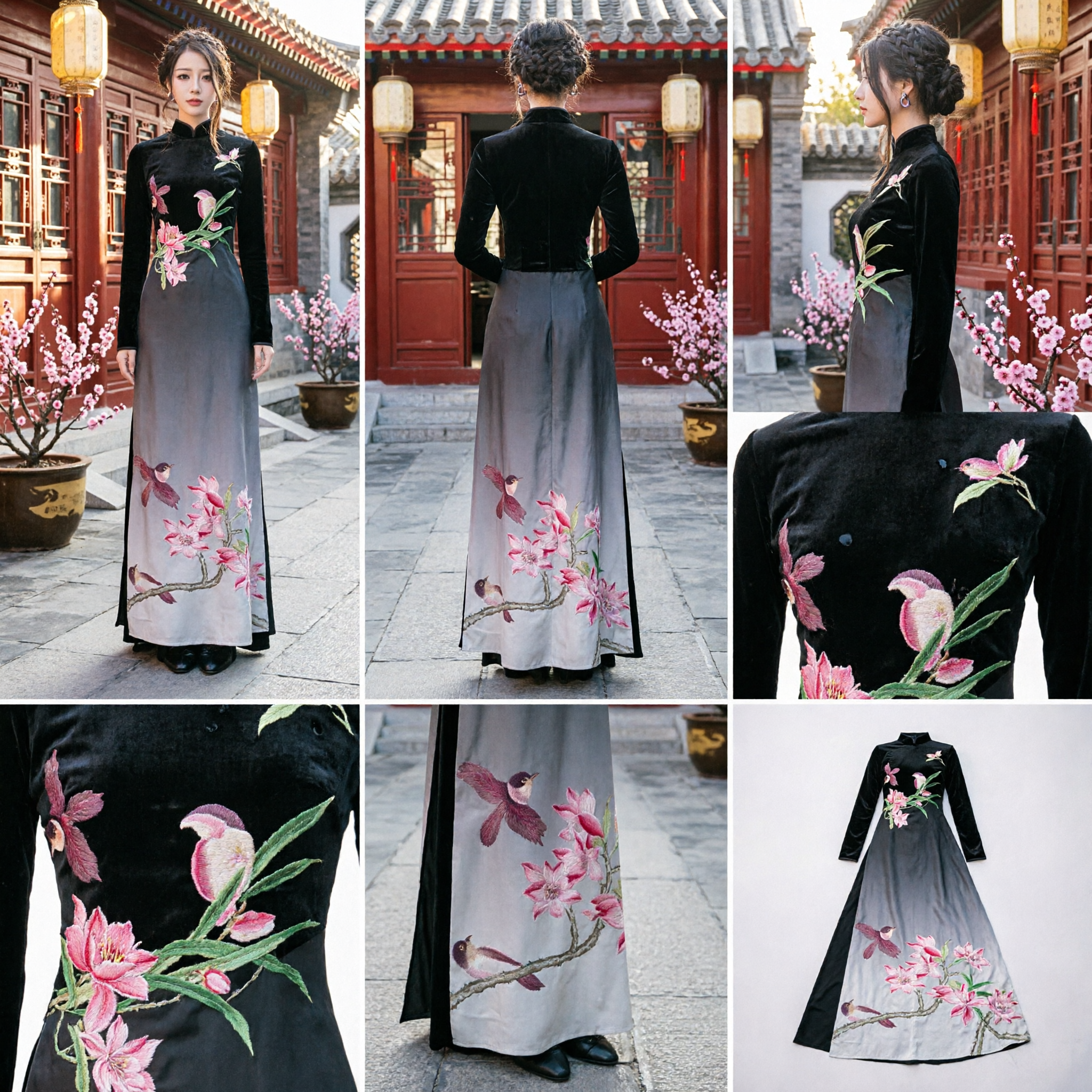 Elegante Ao Dai vietnamita con gradiente nero e stampa di fiori di loto, abito tradizionale formale per donne - Asian Costume