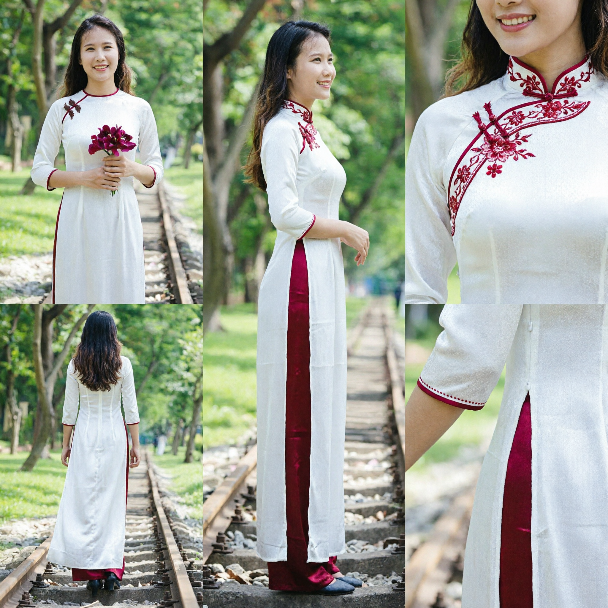 Traditional Vietnamese Ao Dai White and Burgundy Long Dress with Pants for Women Wedding Festival - Asian Costume