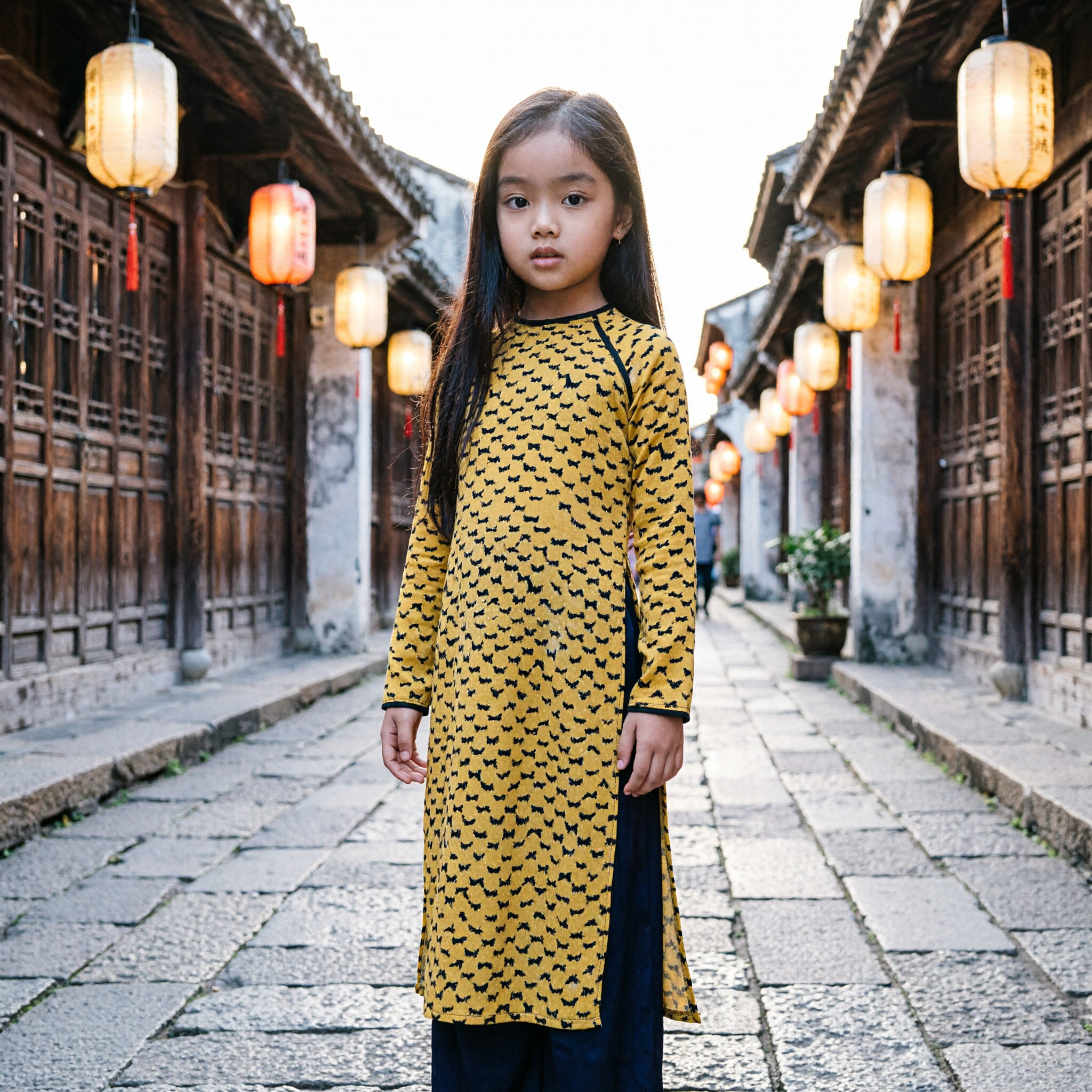Ao Dai Vietnamita Tradicional para Niñas Traje Nacional de Manga Larga Amarillo con Diseños para Ropa Infantil de Festival - Asian Costume