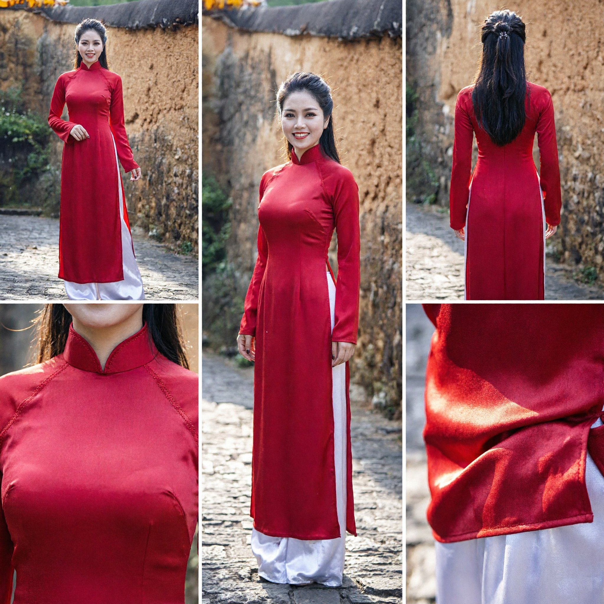 Ao Dai vietnamien rouge élégant - Robe traditionnelle à manches longues pour mariage et soirée pour femmes - Asian Costume