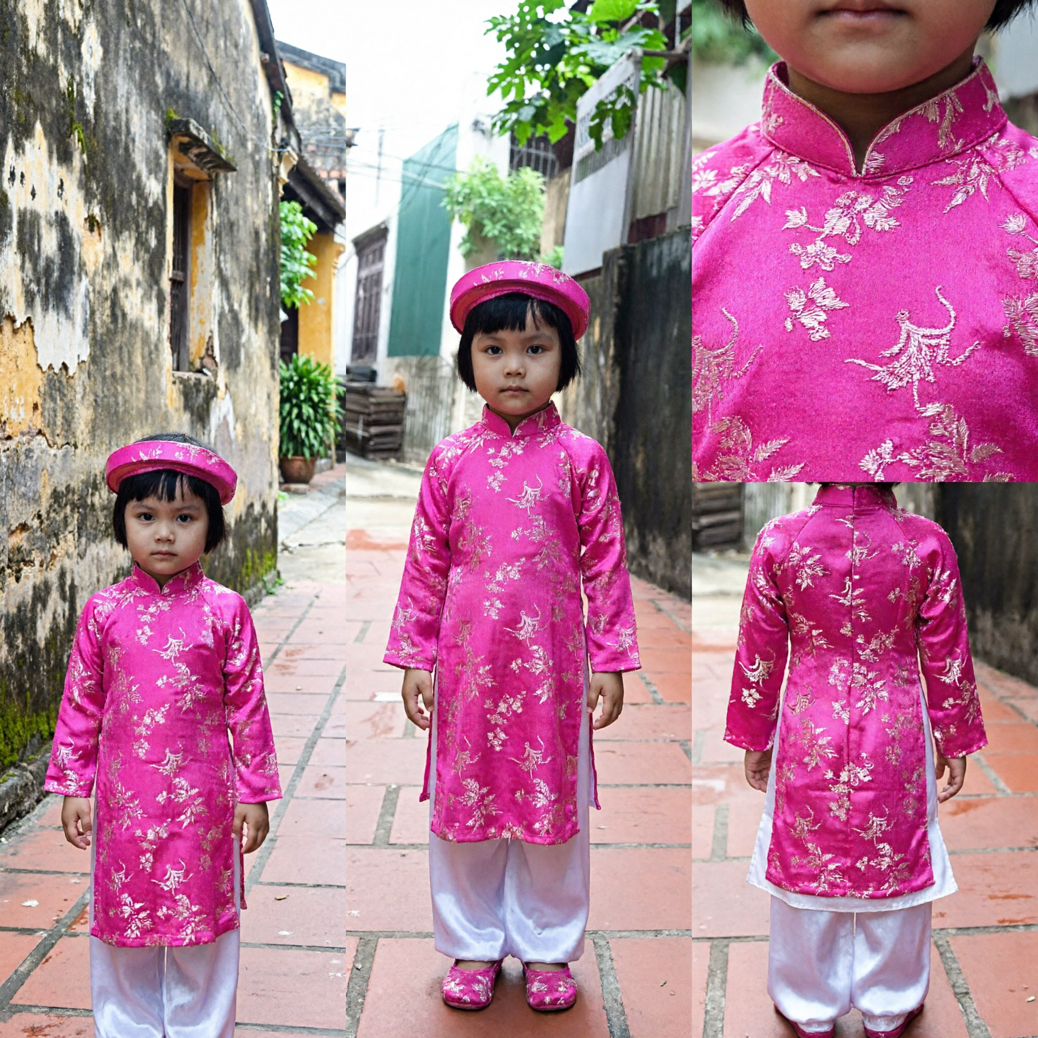 Traje Tradicional Ao Dai Vietnamita para Niños, Túnica y Pantalones de Seda Rosa con Tocado para el Festival del Tet - Asian Costume