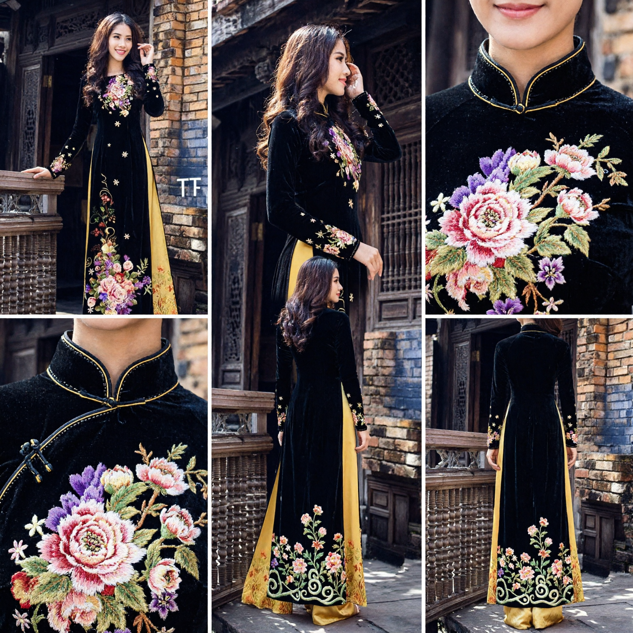 Ao Dai Vietnamita Tradizionale Elegante Nero con Ricamo Floreale e Accenti Gialli per Donne, Occasioni Formali - Asian Costume