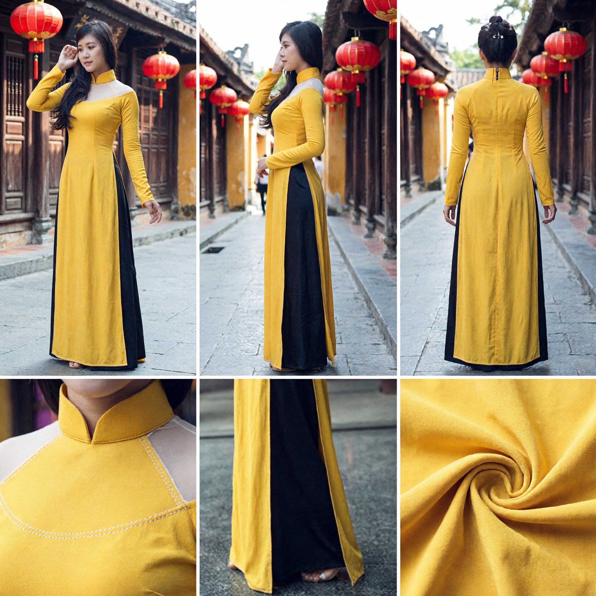 Abito Ao Dai Tradizionale Vietnamita Giallo a Manica Lunga con Collo Alto, Costume Formale per Donne - Asian Costume