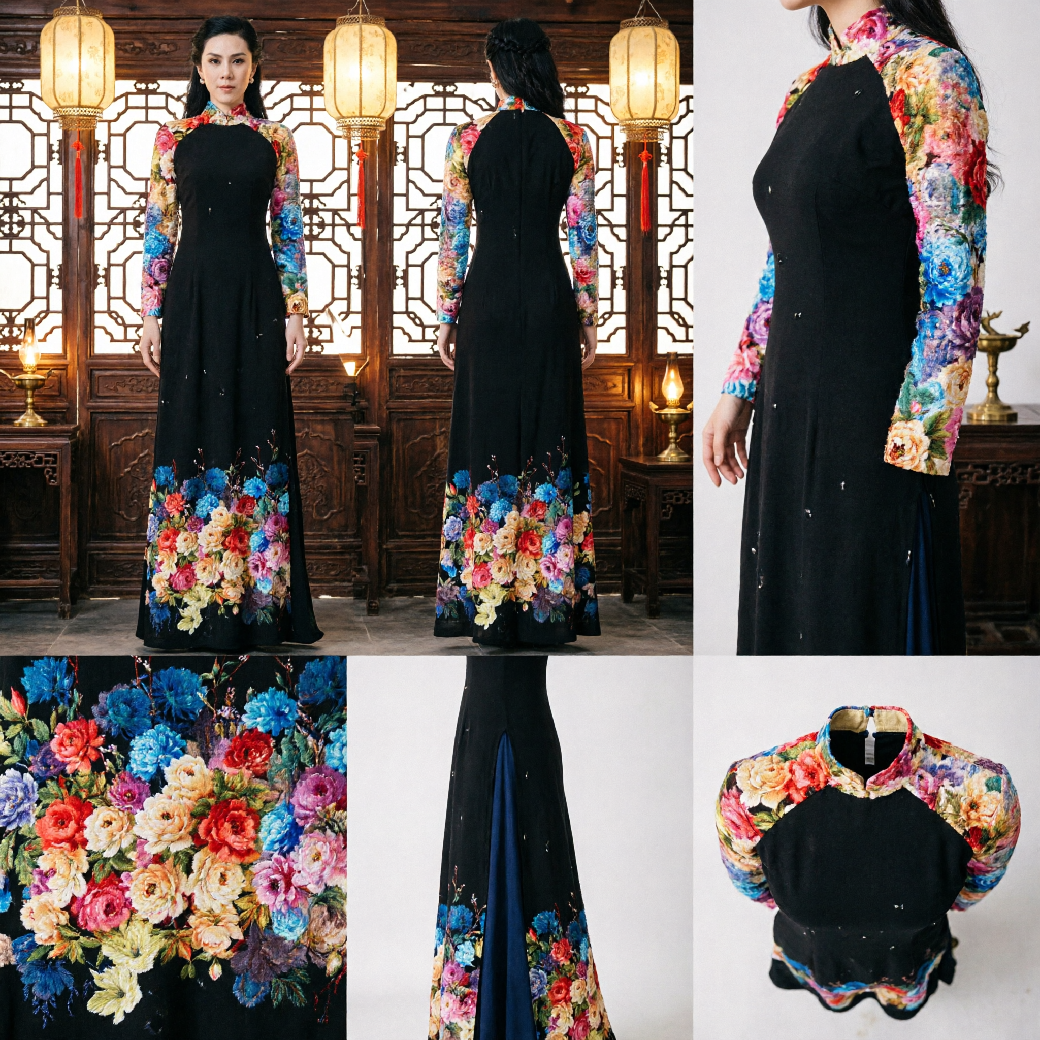 Ao Dai vietnamien noir élégant - Robe de soirée traditionnelle à manches longues avec imprimé floral pour mariage - Asian Costume