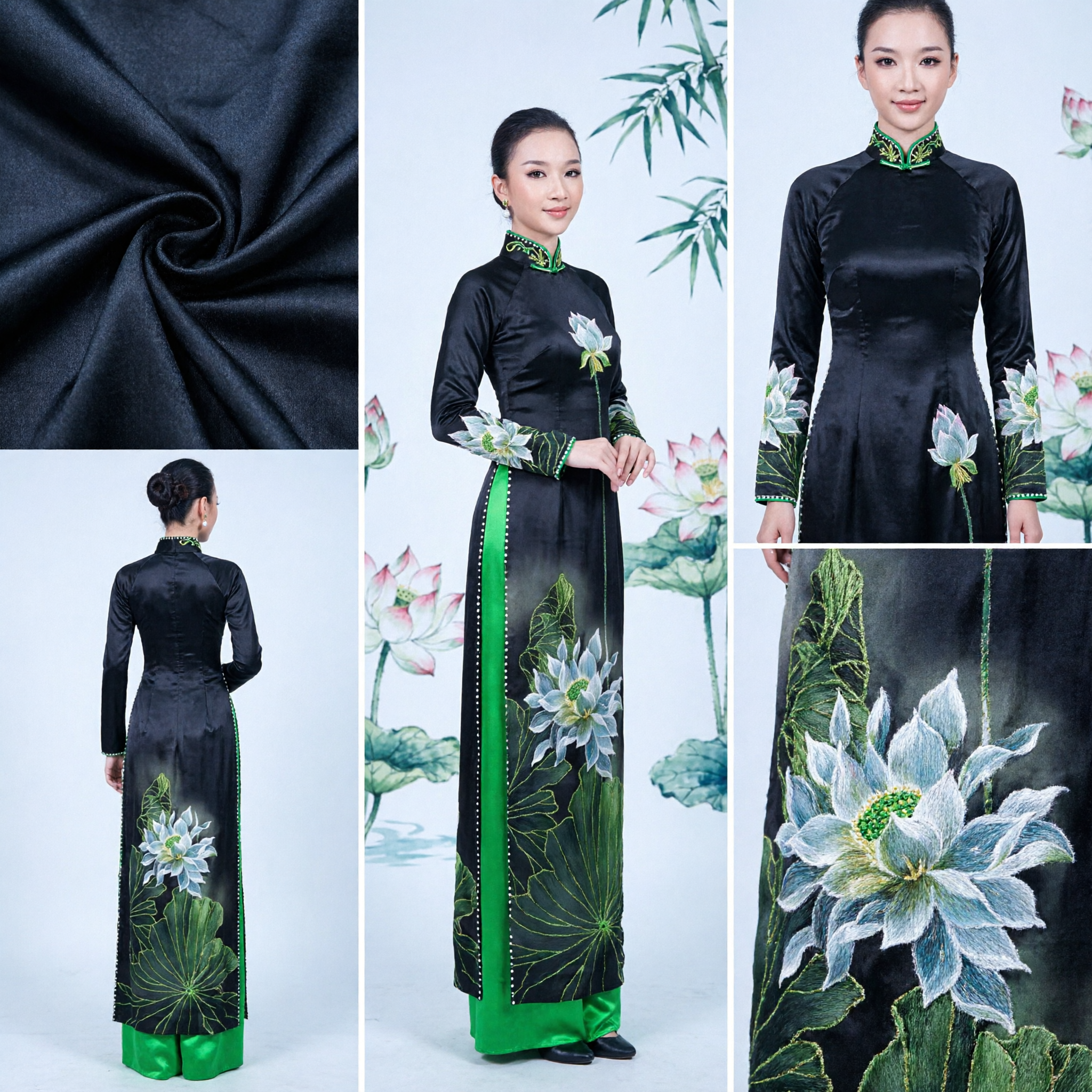 Vestido Tradicional Ao Dai Vietnamita, Túnica Larga de Seda con Estampado de Loto Negro para Mujeres en Actuaciones Formales - Asian Costume