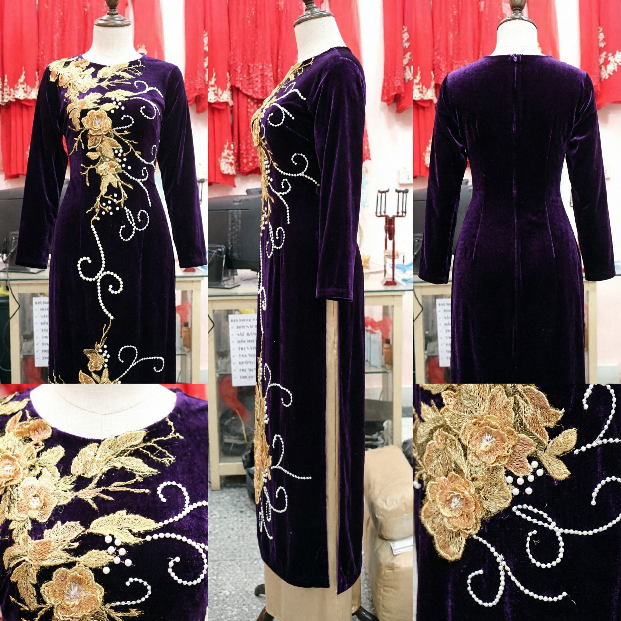Ao Dai Elegante in Velluto Viola Scuro con Ricamo Floreale Dorato, Abito Tradizionale Vietnamita per Donne - Asian Costume