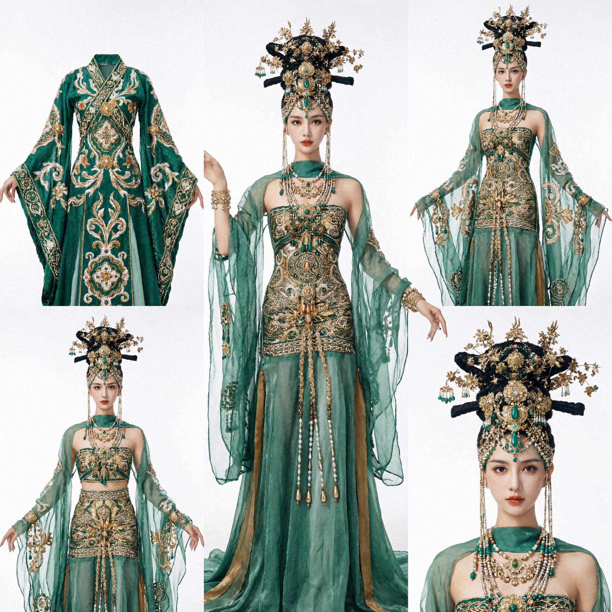 Luxurious Green Ancient Chinese Fantasy Princess Hanfu Costume with Headdress for Women Cosplay and Stage Performance - Asian Costume