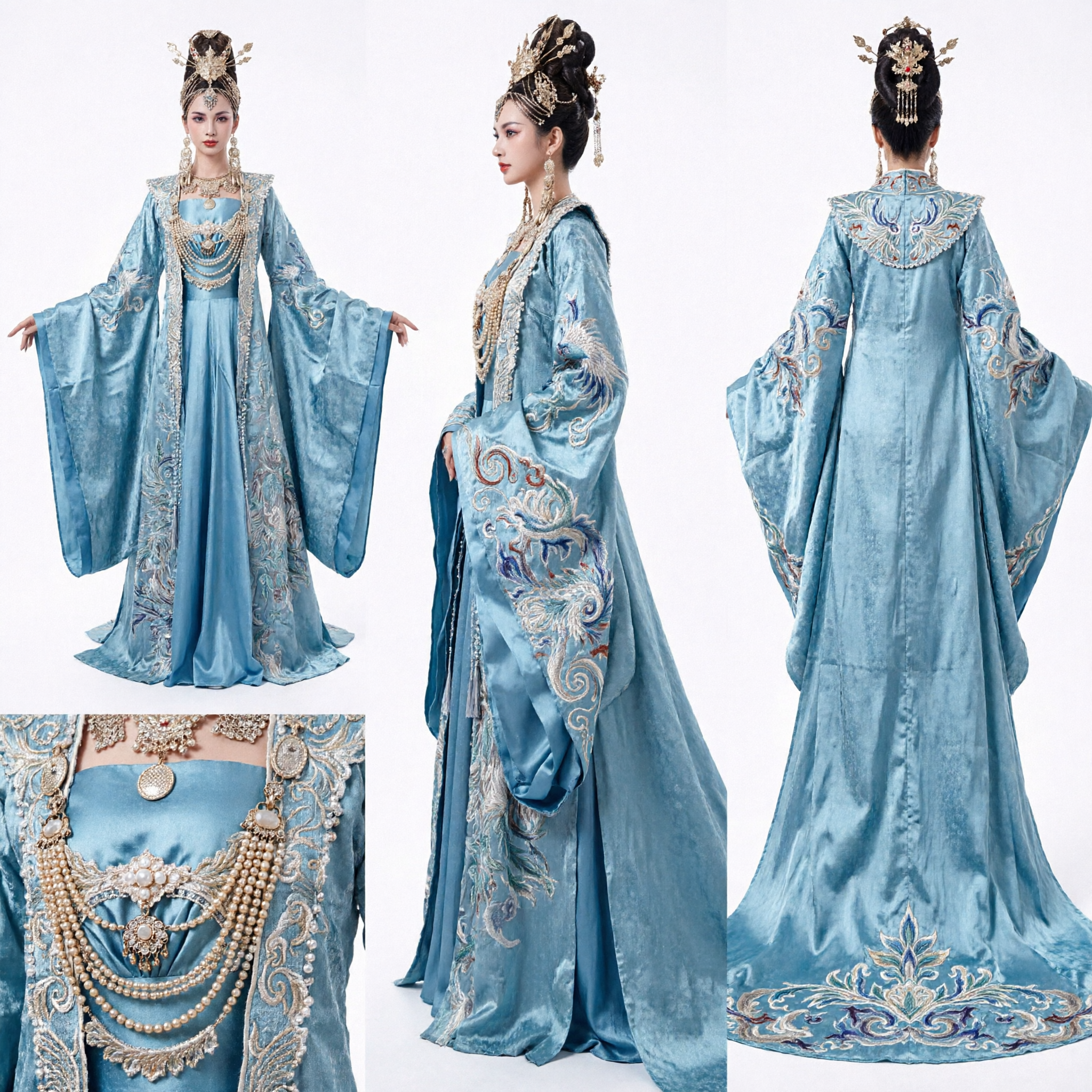 Elegancka Lodowoniebieska Suknia Starożytnej Chińskiej Cesarzowej Hanfu z Koroną Xianxia Fantazyjny Strój dla Kobiet - Asian Costume