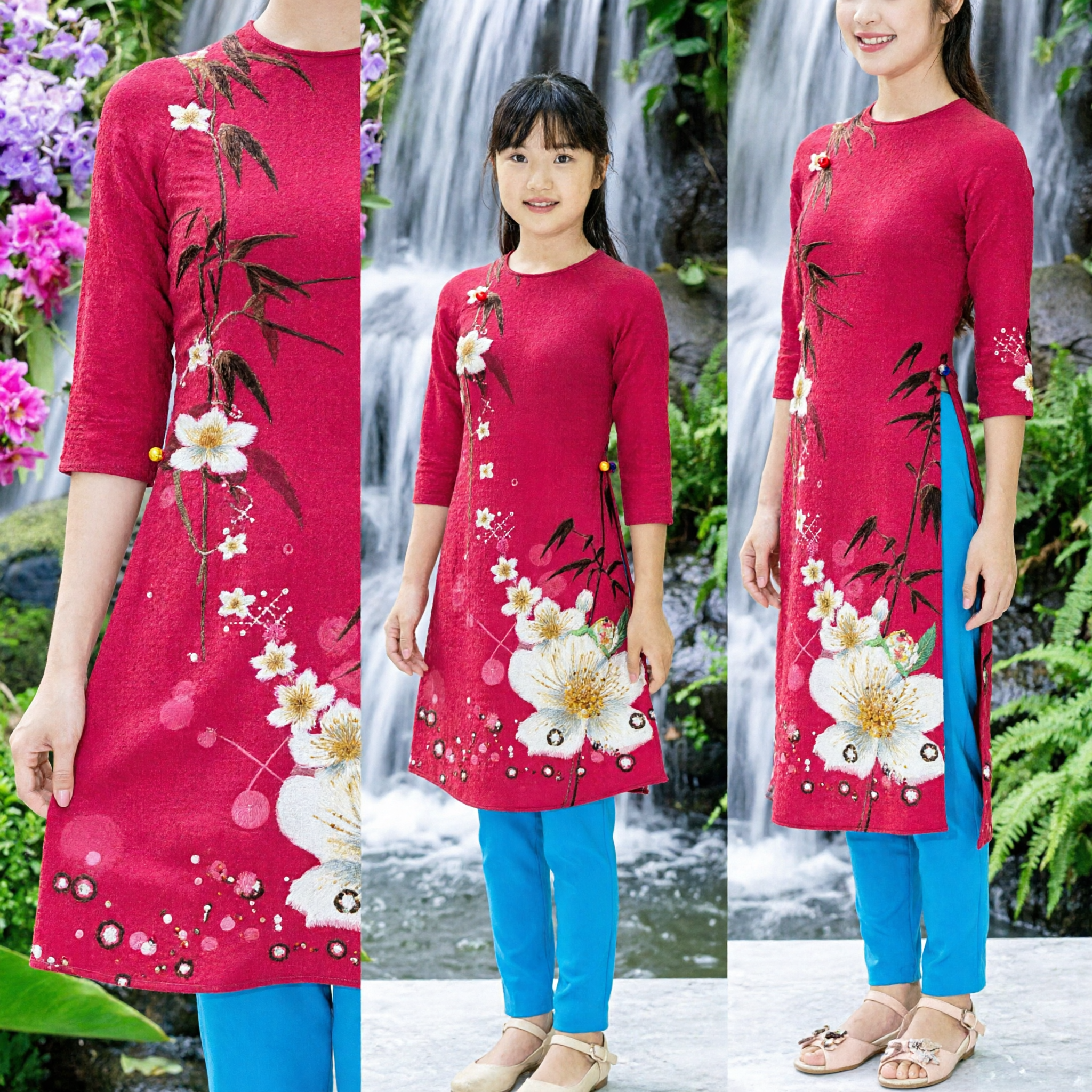 Tradizionali Abbinamenti Ao Dai Vietnamiti Madre e Figlia Completo di Abito Rosa Floreale Manica Lunga per il Festival del Tet - Asian Costume