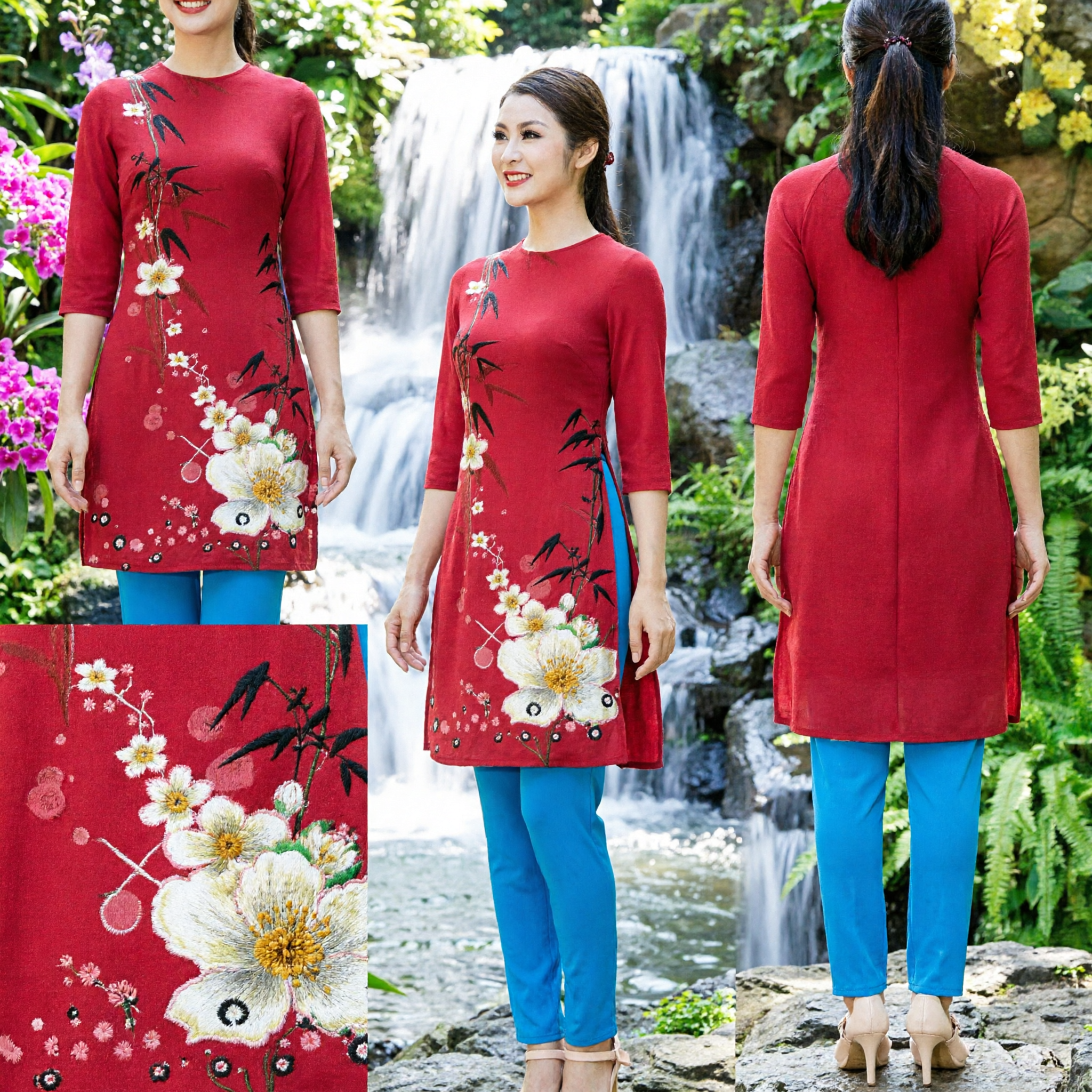 Tradizionale Abbinamento Ao Dai Vietnamita Madre e Figlia Tunica Rosa Floreale Manica Lunga per il Festival del Tet - Asian Costume