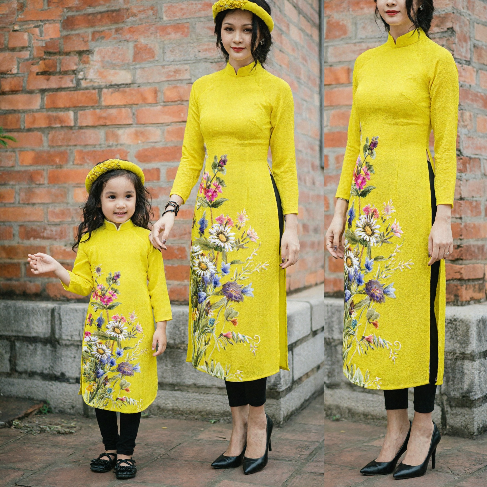 Abbinamento Ao Dai Vietnamita Giallo Floreale Madre e Figlia Abito Tradizionale per Foto di Famiglia durante la Festa del Tet - Asian Costume