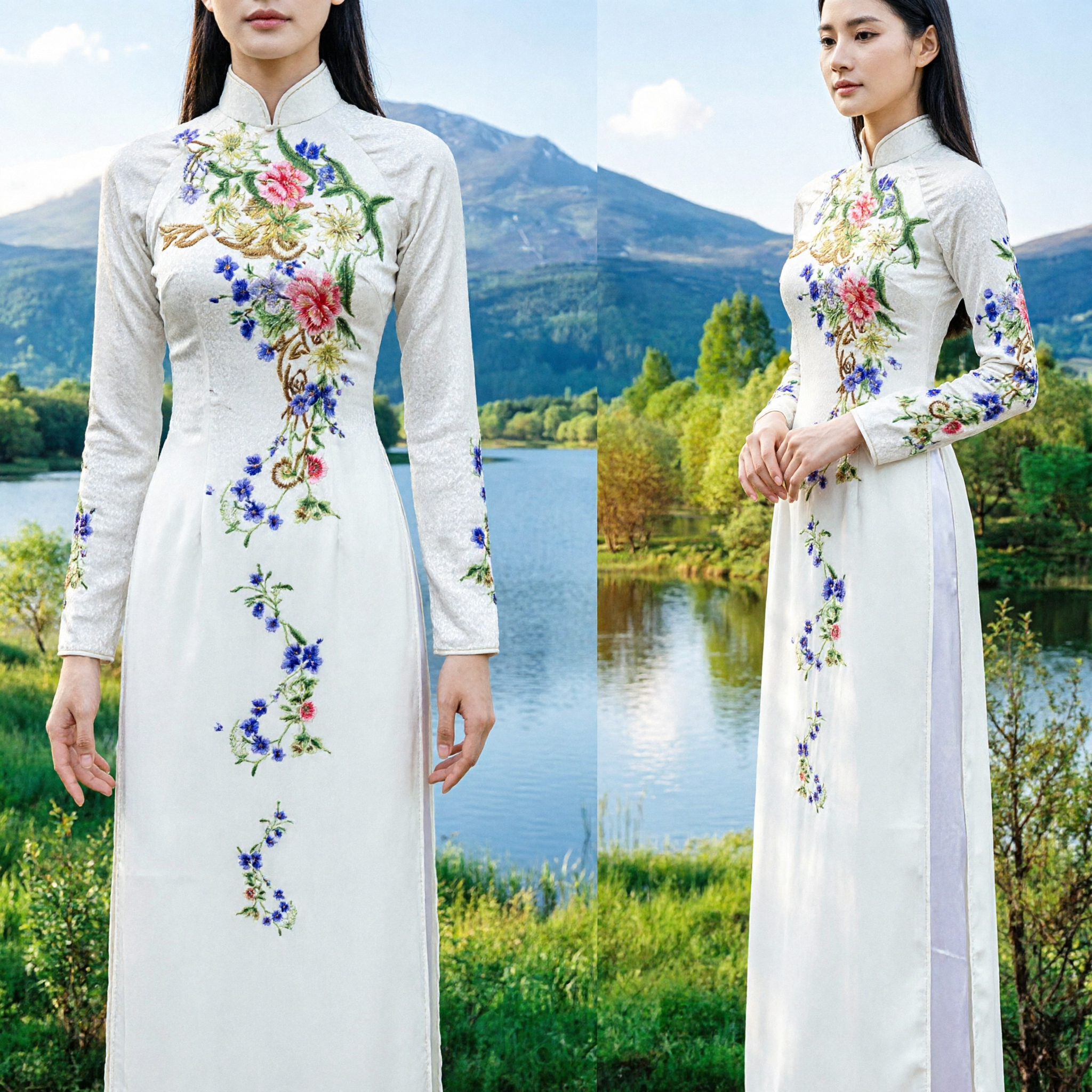 Élégante robe longue traditionnelle vietnamienne Áo Dài blanche avec broderie florale pour femmes Mariage - Asian Costume