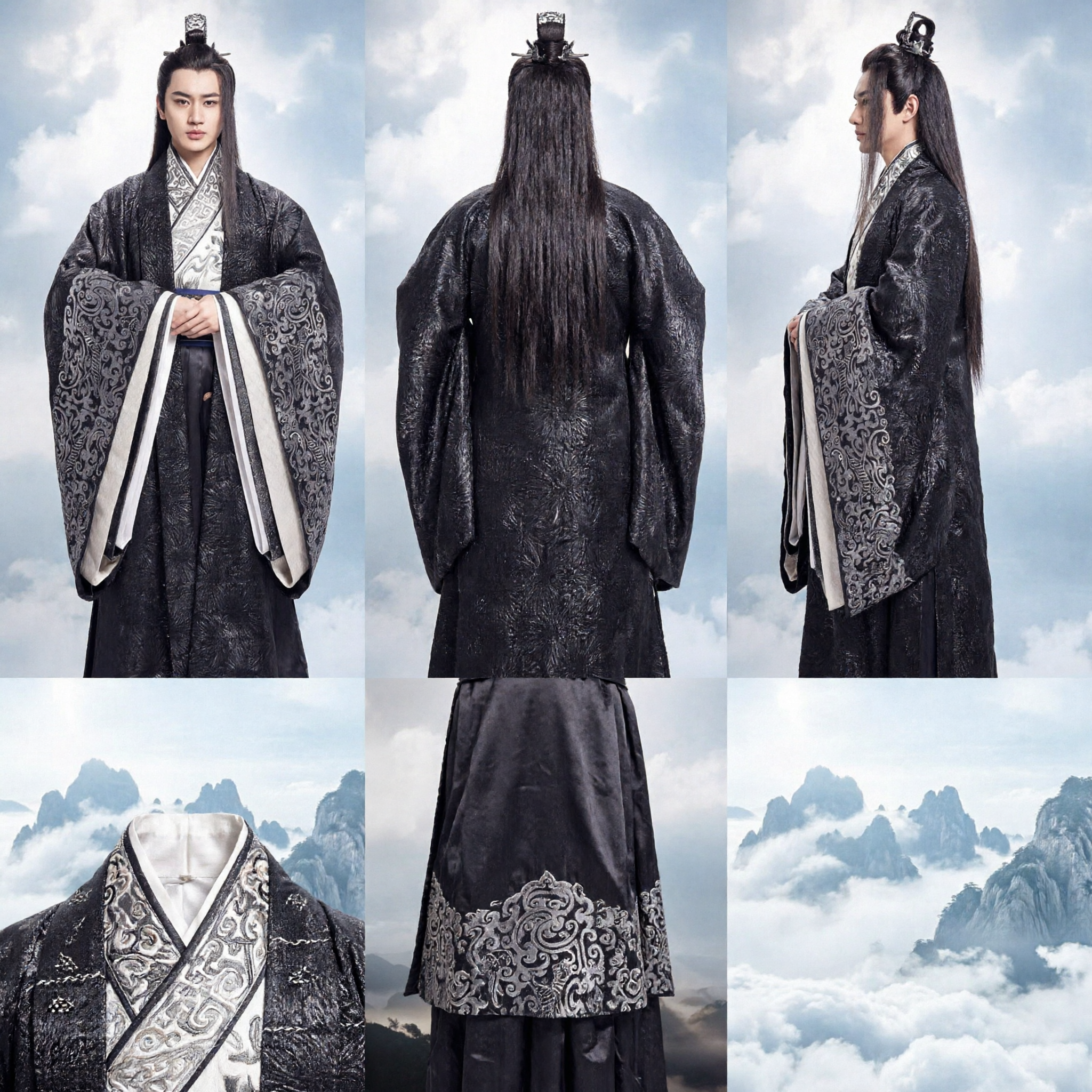 Ancient Chinese Black Hanfu Robe with Silver Embroidery Traditional Costume for Men Cosplay Stage Performance - Asian Costume