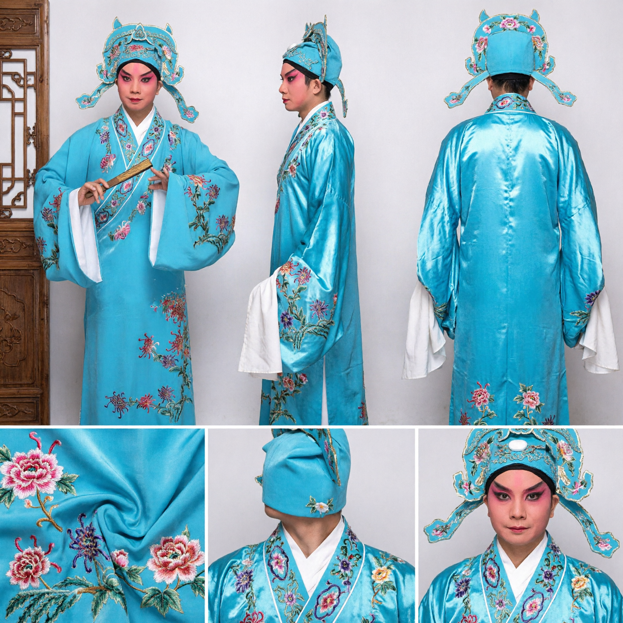 Traditional Chinese Beijing Opera Blue Scholar Costume Complete Set with Embroidery and Hat for Stage Performance - Asian Costume