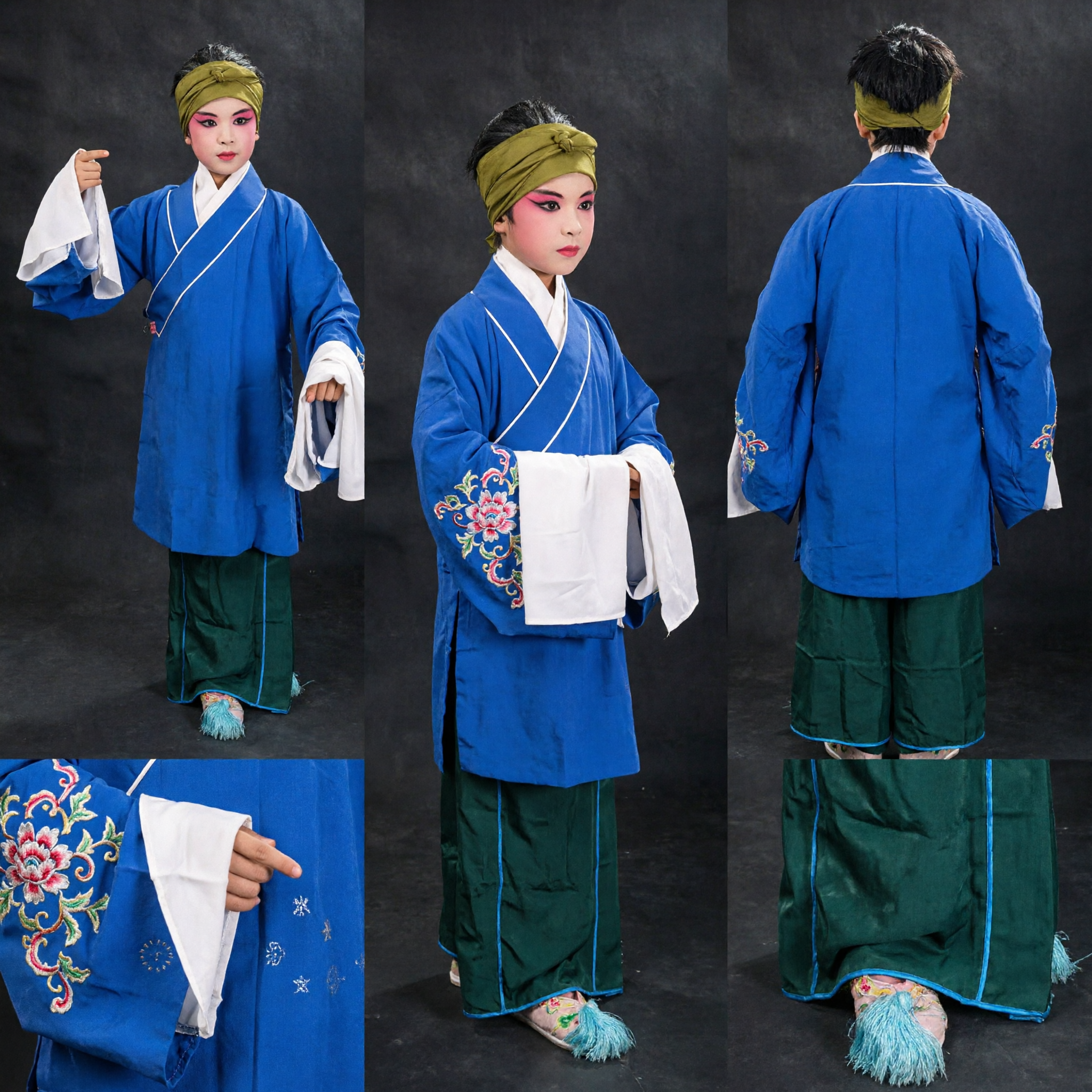 Traje Tradicional Chinês de Ópera de Pequim para Crianças, Túnica de Estudante Azul, Conjunto para Apresentação com Touca - Asian Costume