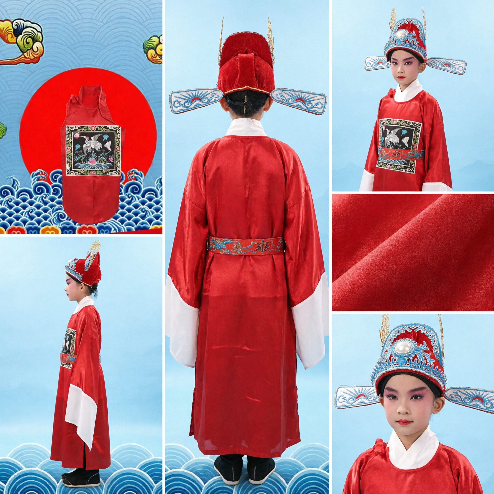 Traje Oficial Infantil Tradicional Chinês de Ópera de Pequim, Túnica Vermelha com Bordado de Garça para Apresentações no Palco - Asian Costume