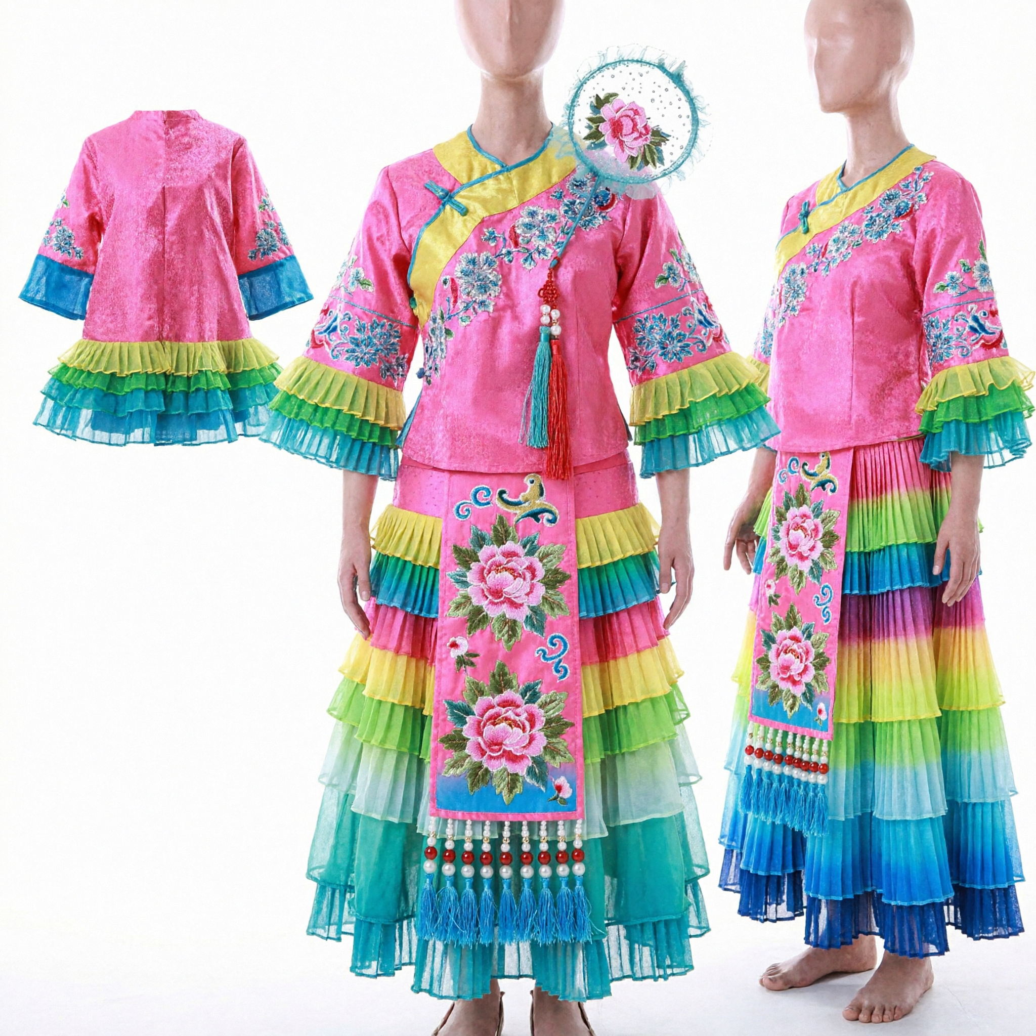 Abanico Redondo Tradicional Chino de Malla con Peonía Rosa para Presentaciones de Danza Folclórica Femenina y Eventos Culturales - Asian Costume