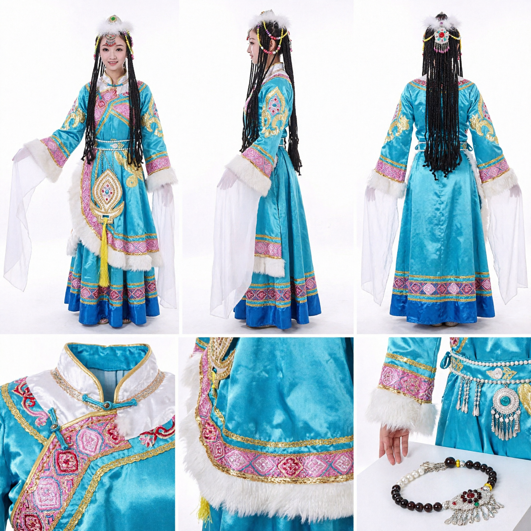 Traditionelles chinesisches tibetisches Volkstanzkostüm, blaues Kleid mit langen Wassersärmeln für Frauenauftritte - Asian Costume
