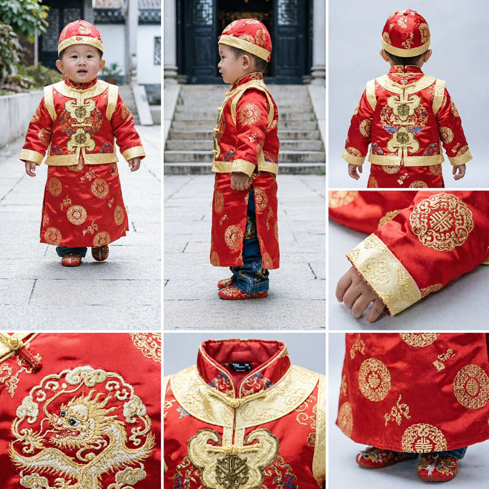 Traje Tradicional Chinês Tangzhuang para Bebê Vermelho Dourado para Festivais de Ano Novo e Casamento - Asian Costume