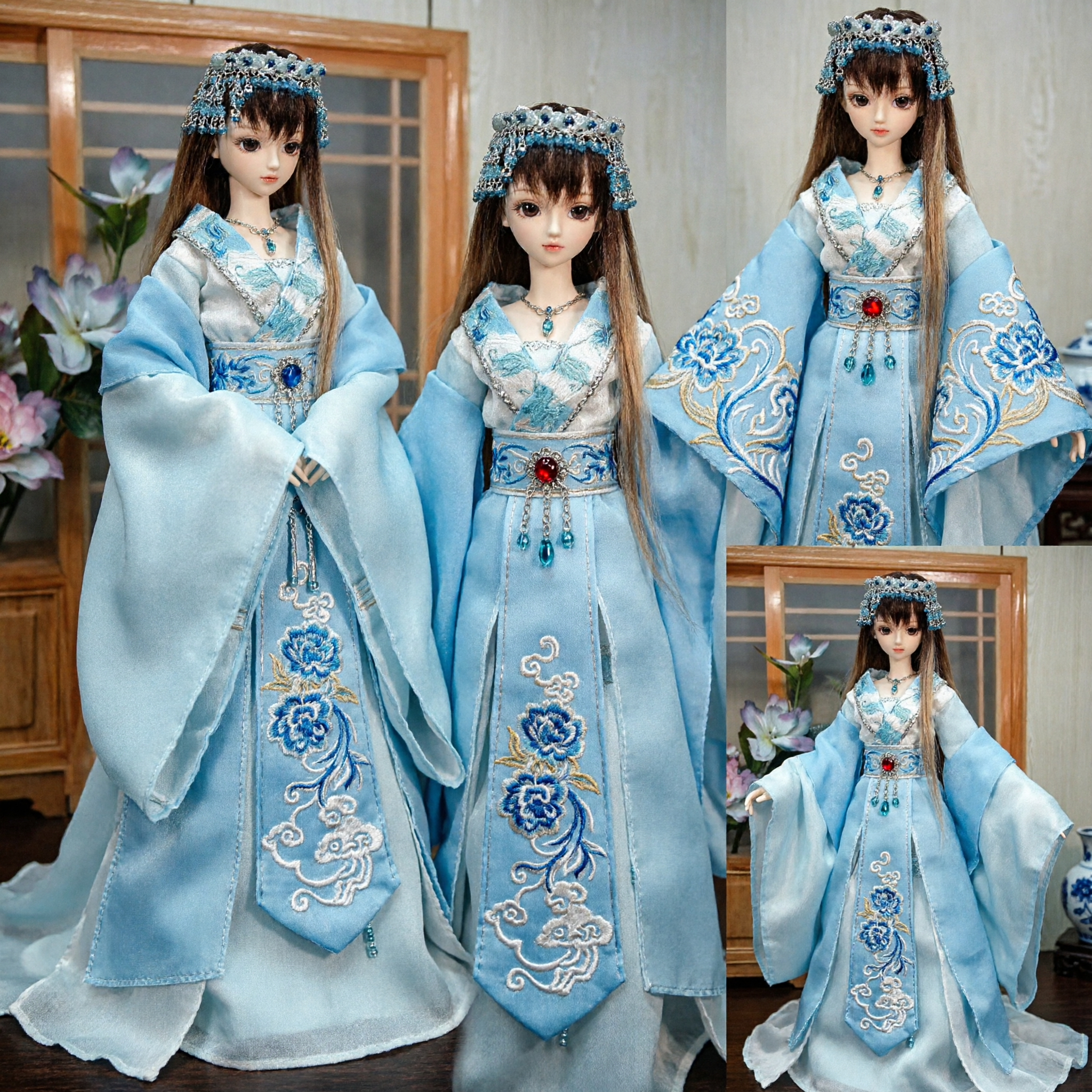 Starożytne chińskie ubrania Hanfu dla lalek BJD, niebieski strój wróżki z nakryciem głowy, tradycyjny outfit - Asian Costume