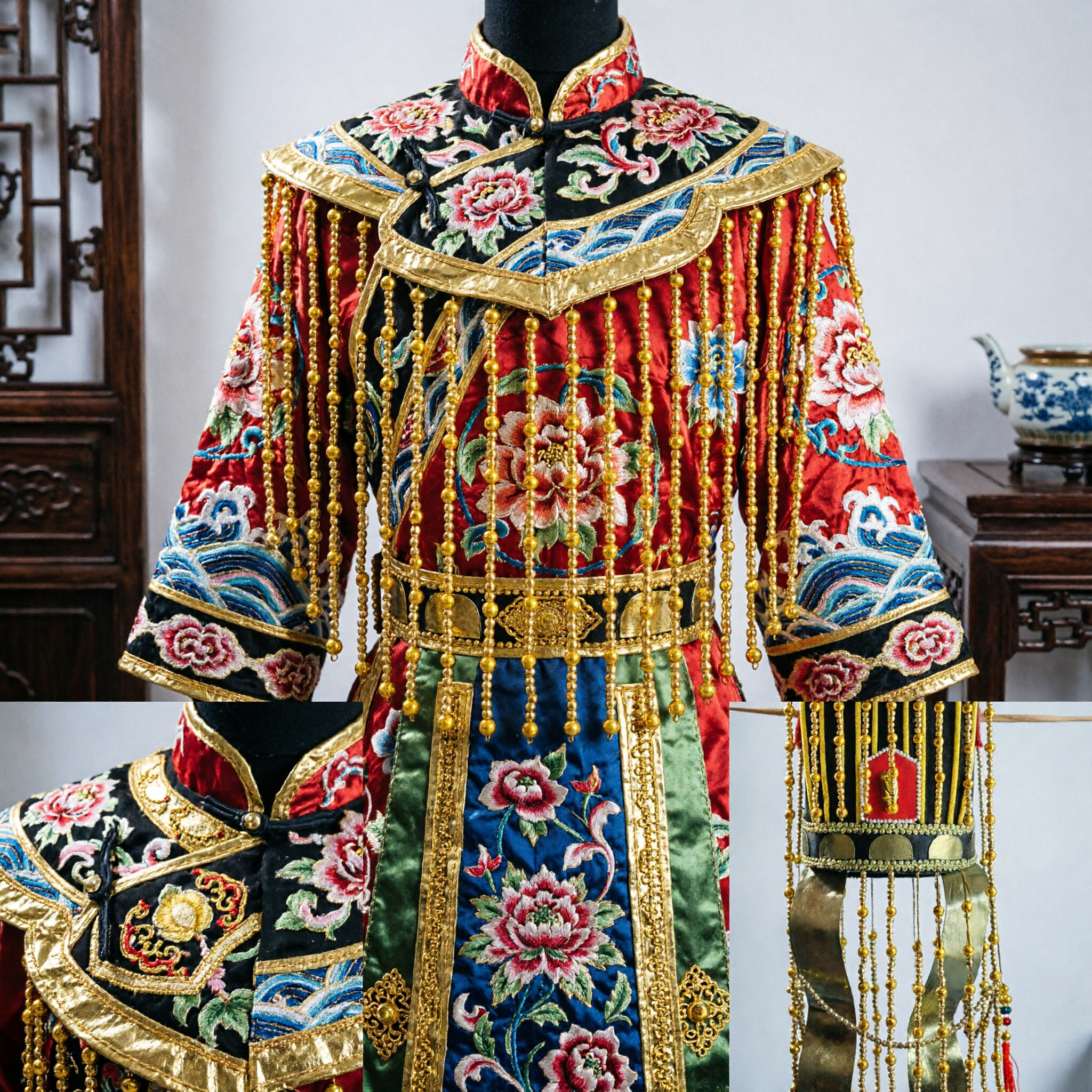 古代中国皇帝冠 帝国王帽 黄色ビーズ付き 漢服コスプレ衣装頭装飾小道具 - Asian Costume