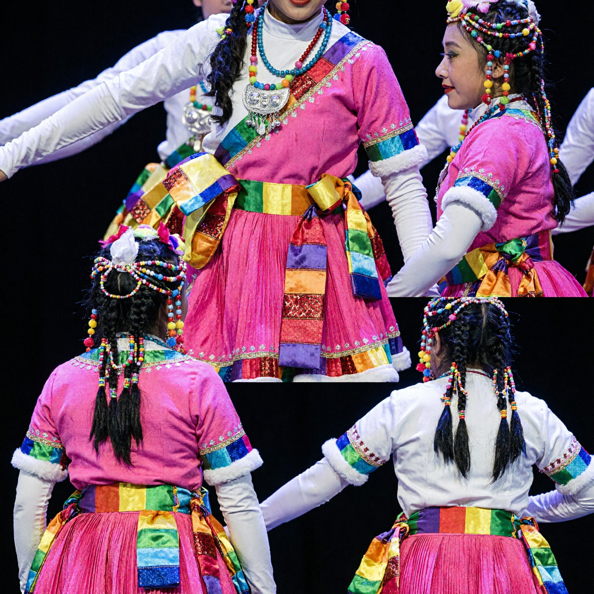 Costume de danse ethnique tibétain rose pour filles, tenue de performance scénique folklorique chinoise traditionnelle pour enfants - Asian Costume