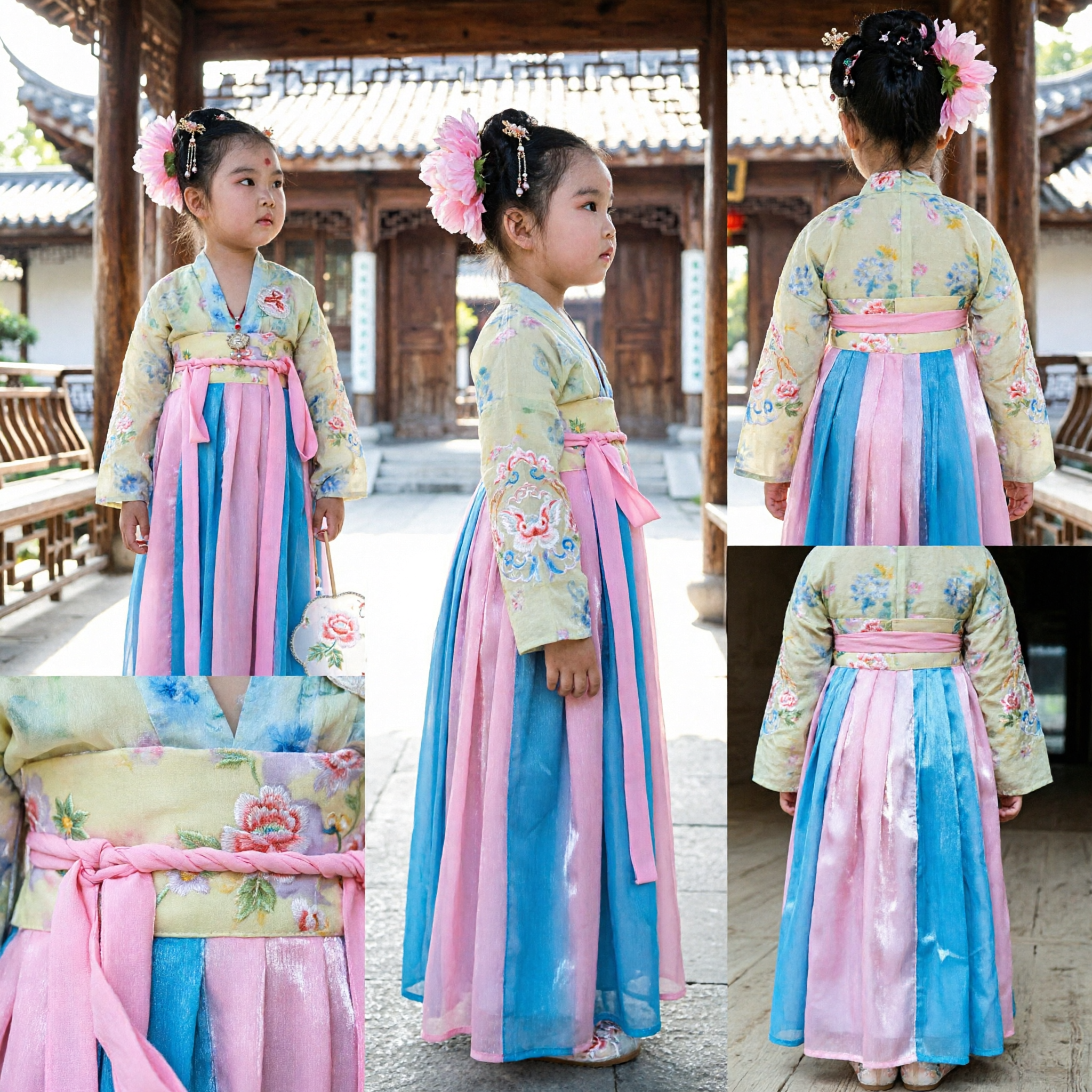 Hanbok Tradicional Coreano para Meninas Jeogori Floral e Vestido Chima Rosa e Azul para Crianças em Ocasiões Especiais - Asian Costume