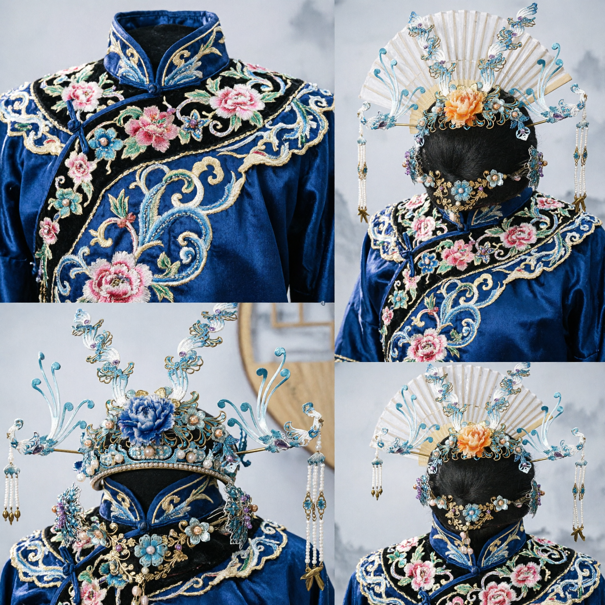 Chinese Traditional Hanfu Hair Accessories Blue Phoenix Crown Gold Filigree Bridal Headpiece for Wedding - Asian Costume