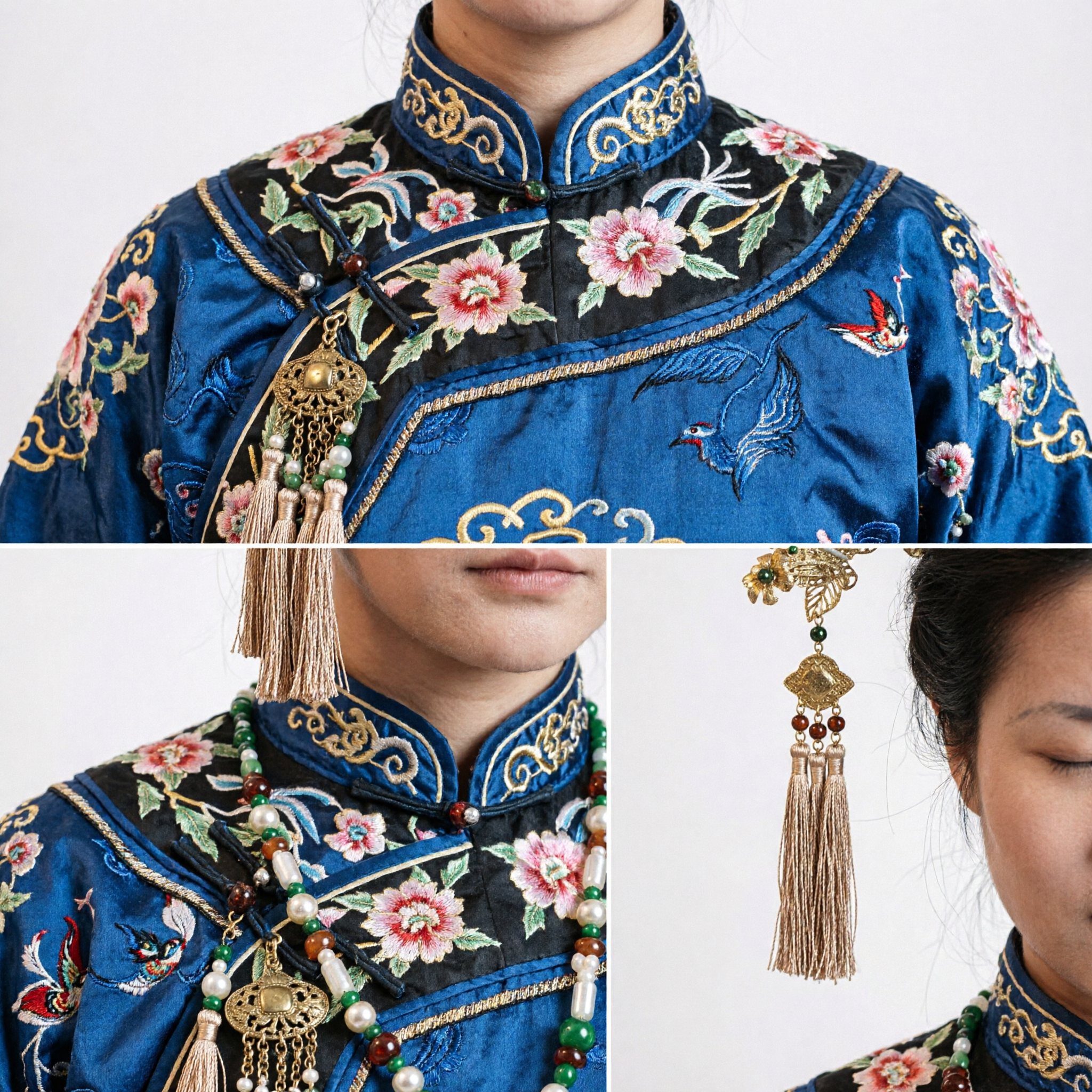 Conjunto de Acessórios de Cabelo Antigos Chineses Hanfu - Adereço de Cabeça Dourado com Jade e Pérolas com Pendentes e Grampos - Asian Costume