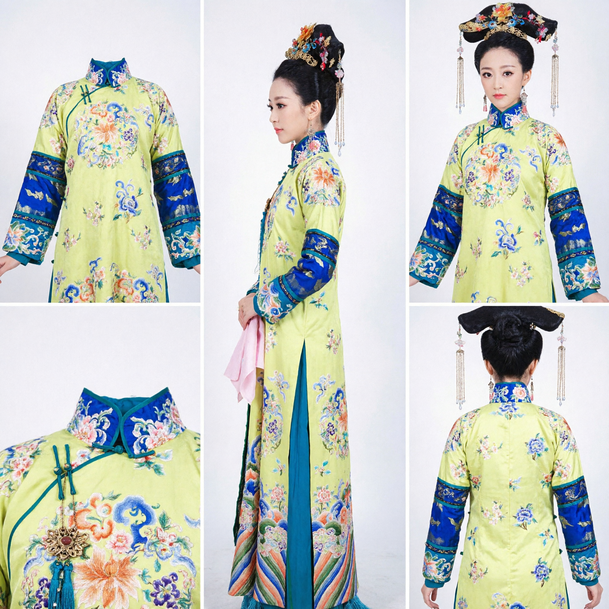 전통 중국 청나라 후궁 의상 노란색 꽃 자수 로브와 여성용 머리 장식 - Asian Costume
