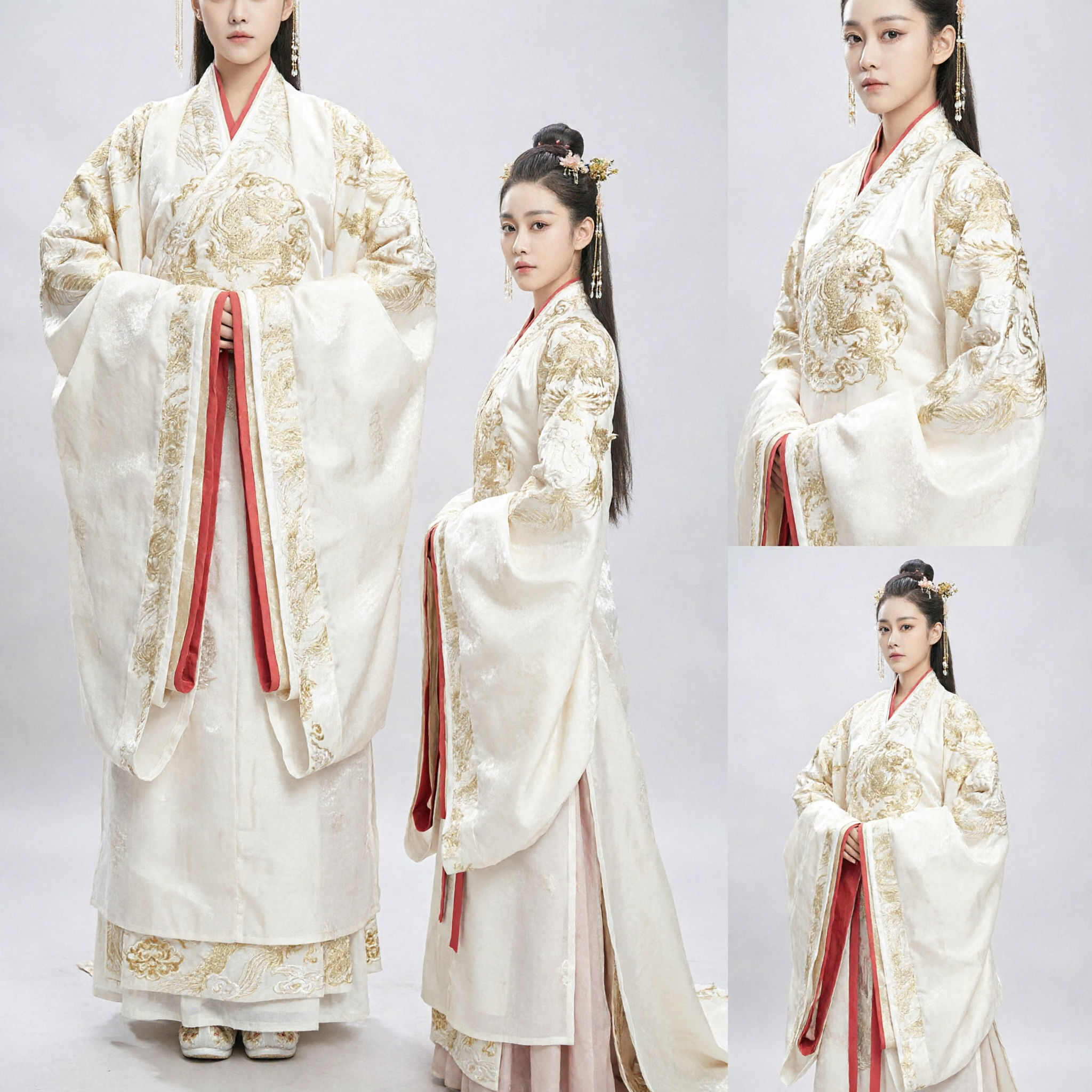 Elegante Costume da Principessa Antica Hanfu Cinese Bianco Abbigliamento Storico Tradizionale con Ricami in Oro per Donne - Asian Costume