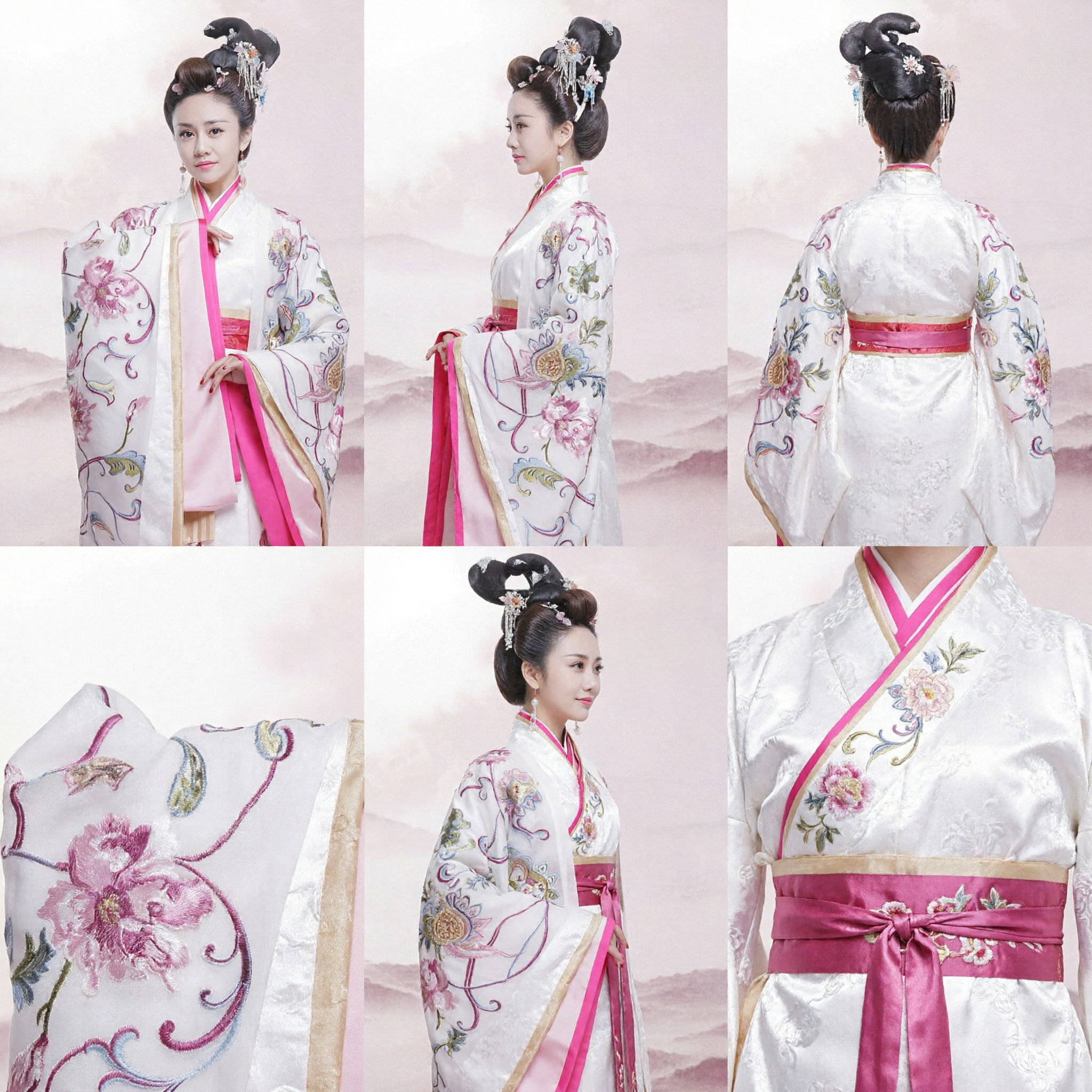 هانفو أبيض أنيق بتطريز زهري - ملابس صينية قديمة تقليدية - رداء بأكمام واسعة للنساء لتمثيل تاريخي - Asian Costume