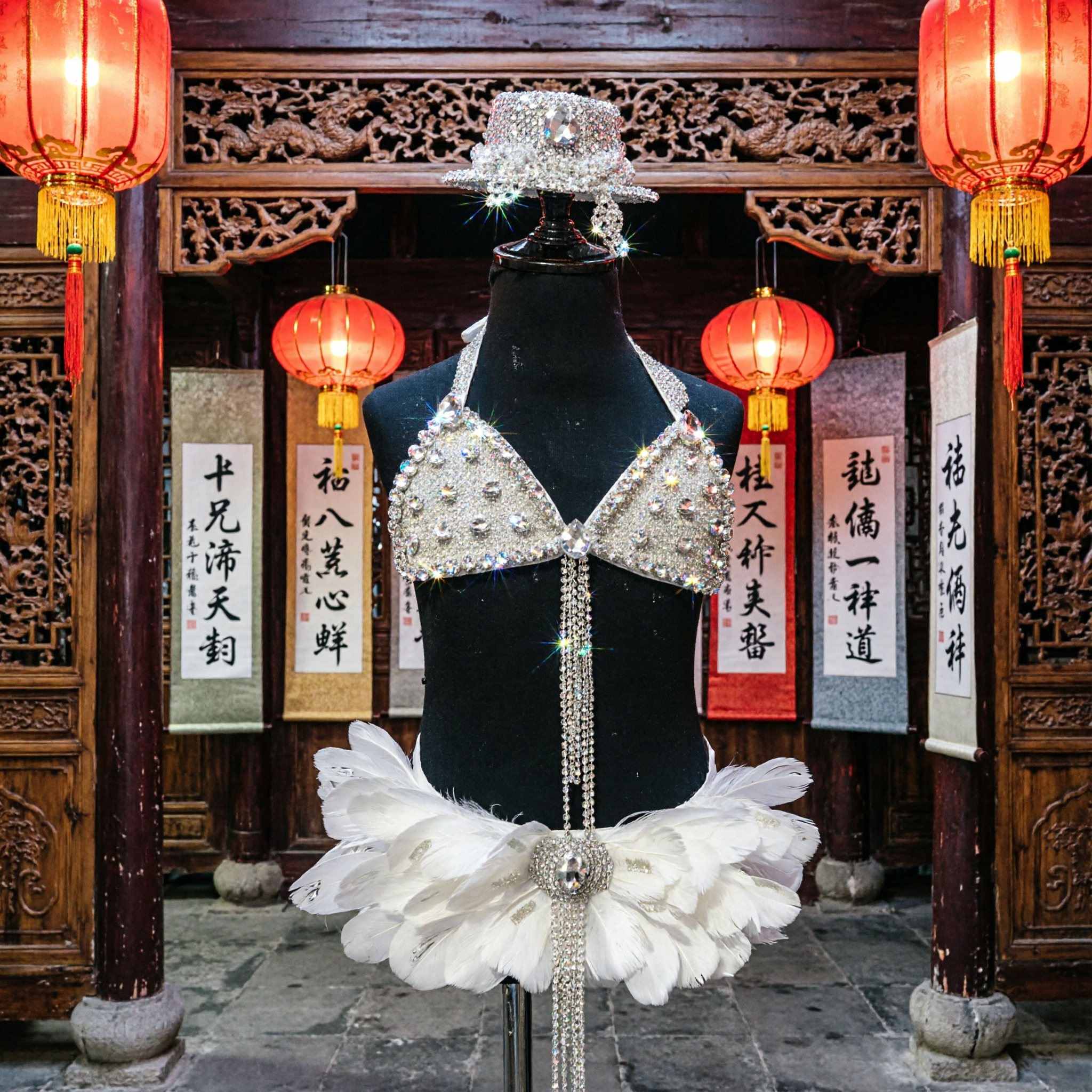 Set Costume da Showgirl Burlesque per Donne Top Argento con Cristalli e Gonna di Piume Bianche con Cappello - Asian Costume