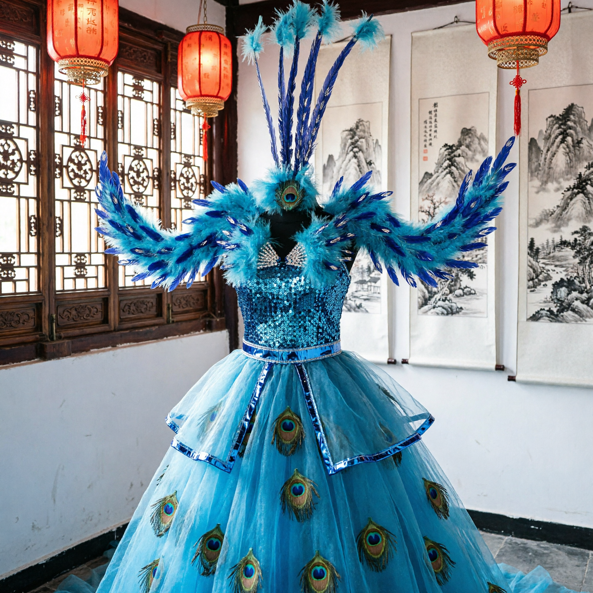 زي المسرح الأزرق للنساء بريش الطاووس - فستان رقص السامبا والكارنفال للعروض المحترفة - Asian Costume