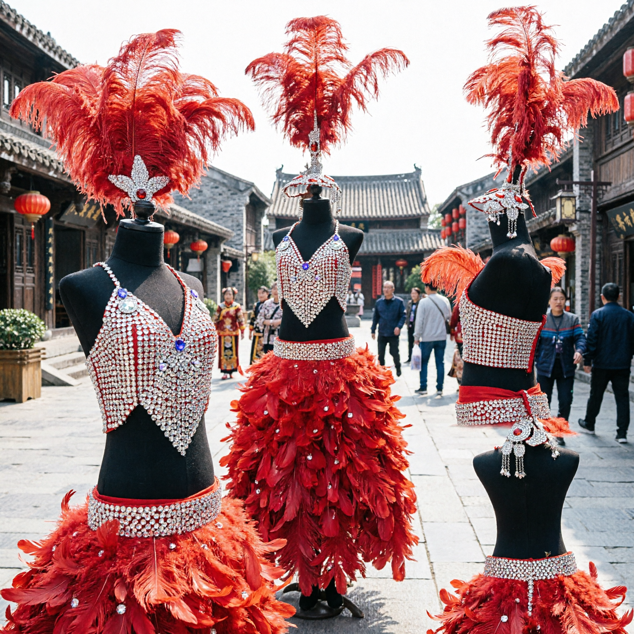 Traje de Dança Carnaval Samba Vermelho com Saia de Penas Grandes e Corpete com Strass para Performance Feminina em Palco - Asian Costume