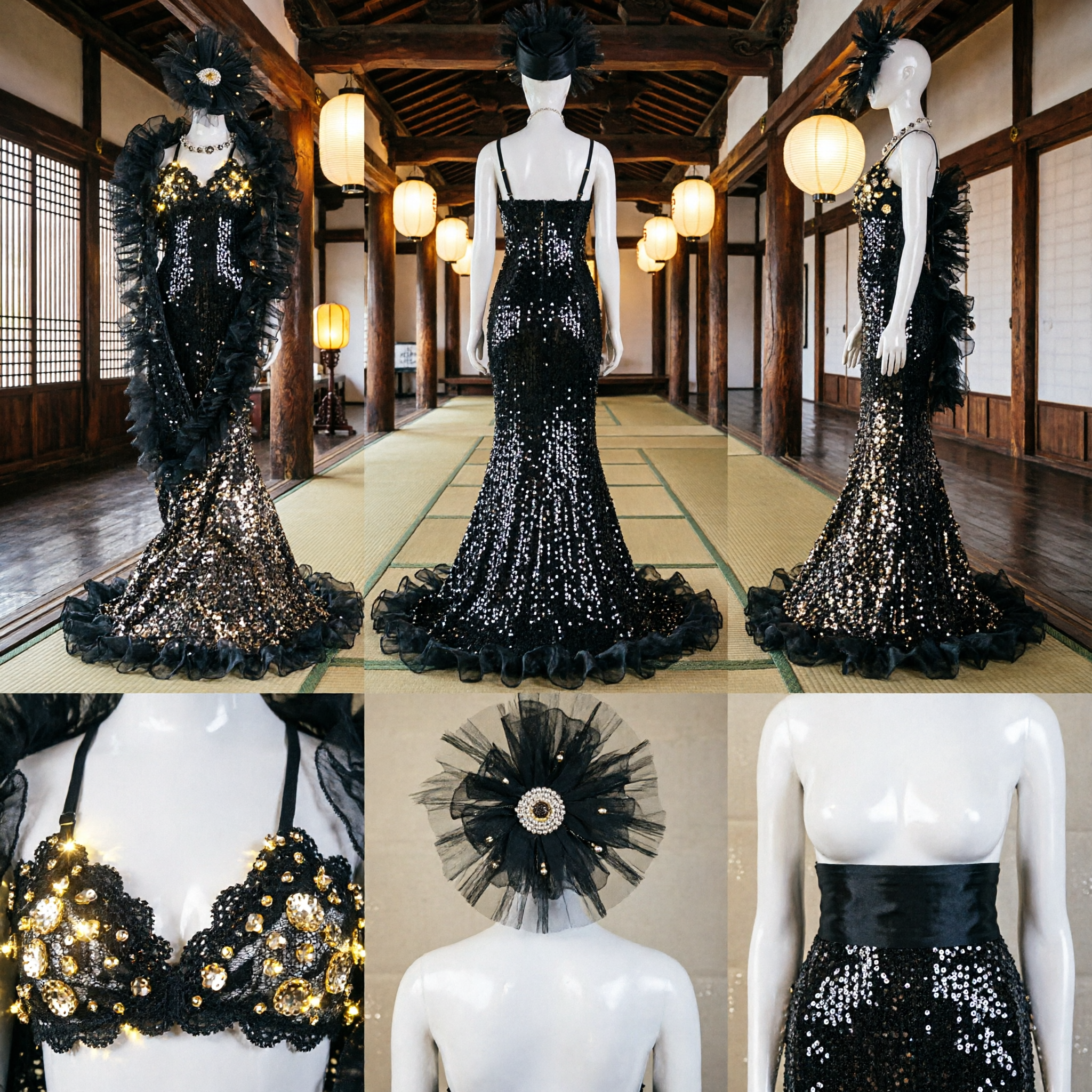 Ensemble Costume de Showgirl Noir et Or à Paillettes et Plumes pour Femmes - Représentation Samba Carnaval Brésilien sur Scène - Asian Costume