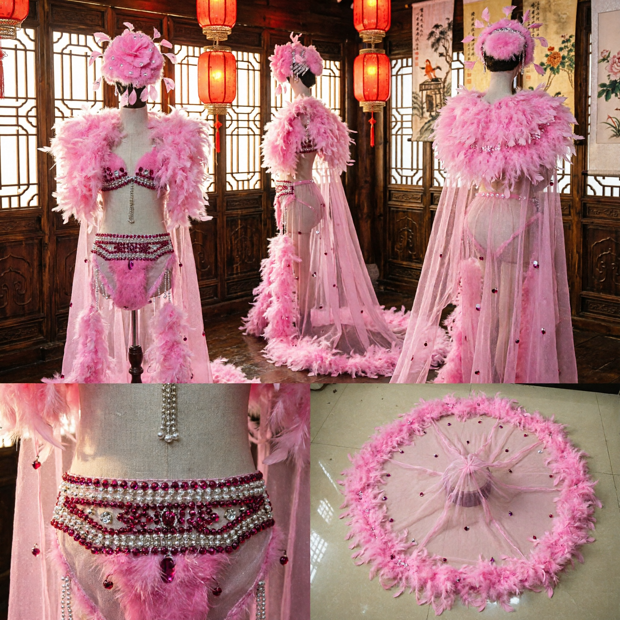 Ensemble Costume Bikini à Plumes Roses et Strass pour Femmes - Tenue de Danse Samba Carnaval et Showgirl Burlesque - Asian Costume