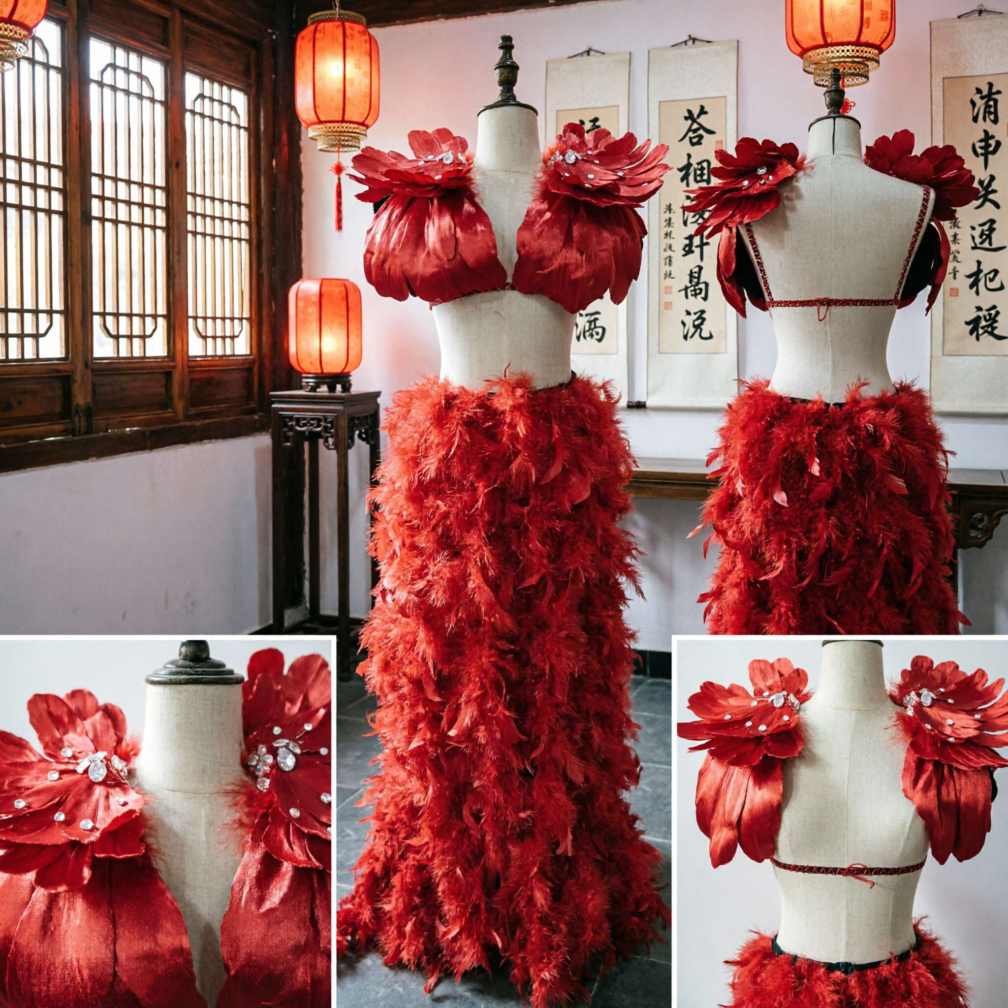 Costume de Danse Samba à Plumes Rouges pour Femmes - Tenue de Showgirl Deux Pièces pour Carnaval et Scène - Asian Costume