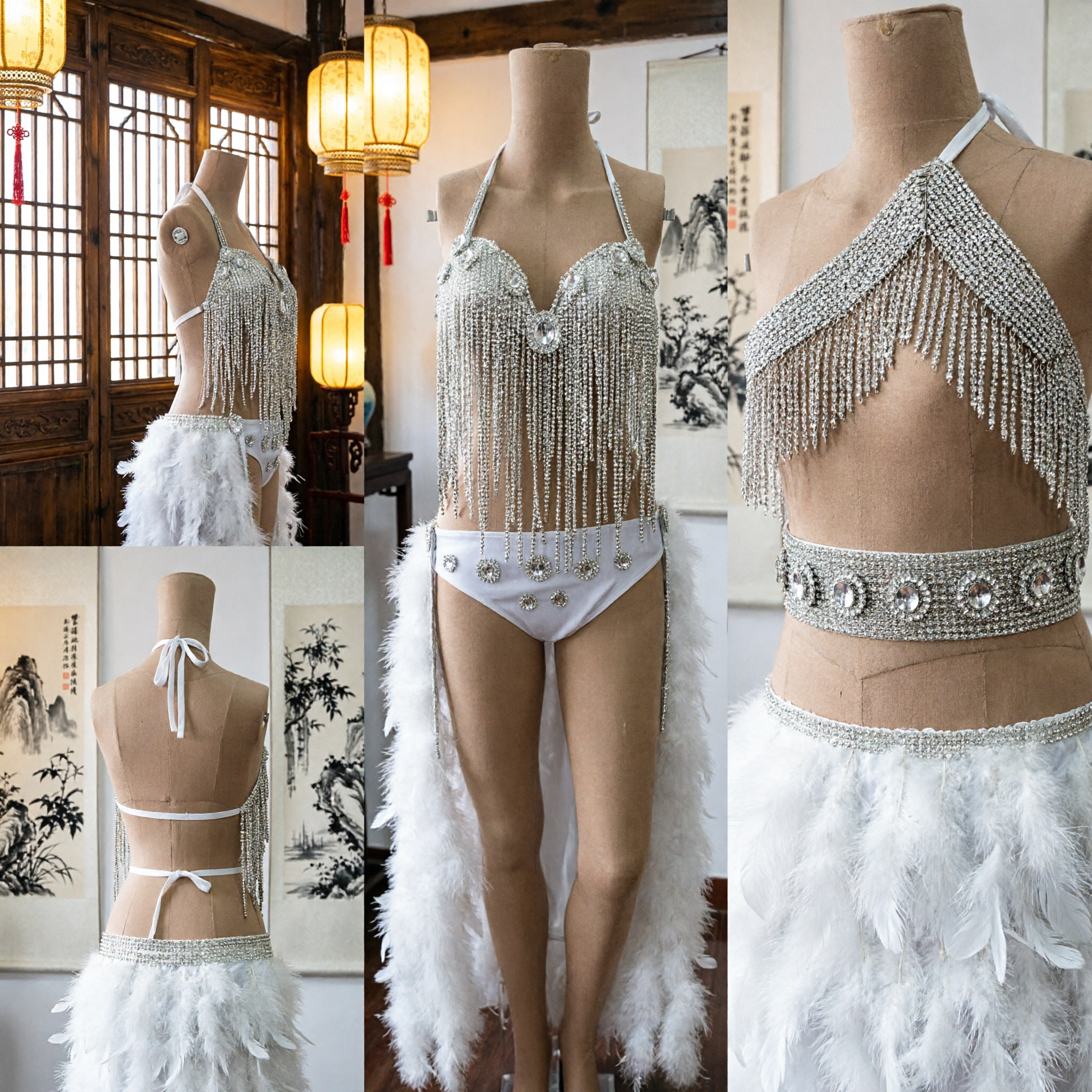 Women's White Rhinestone Fringe Halter Dance Costume Burlesque Cabaret Showgirl Outfit with Feathers - Asian Costume