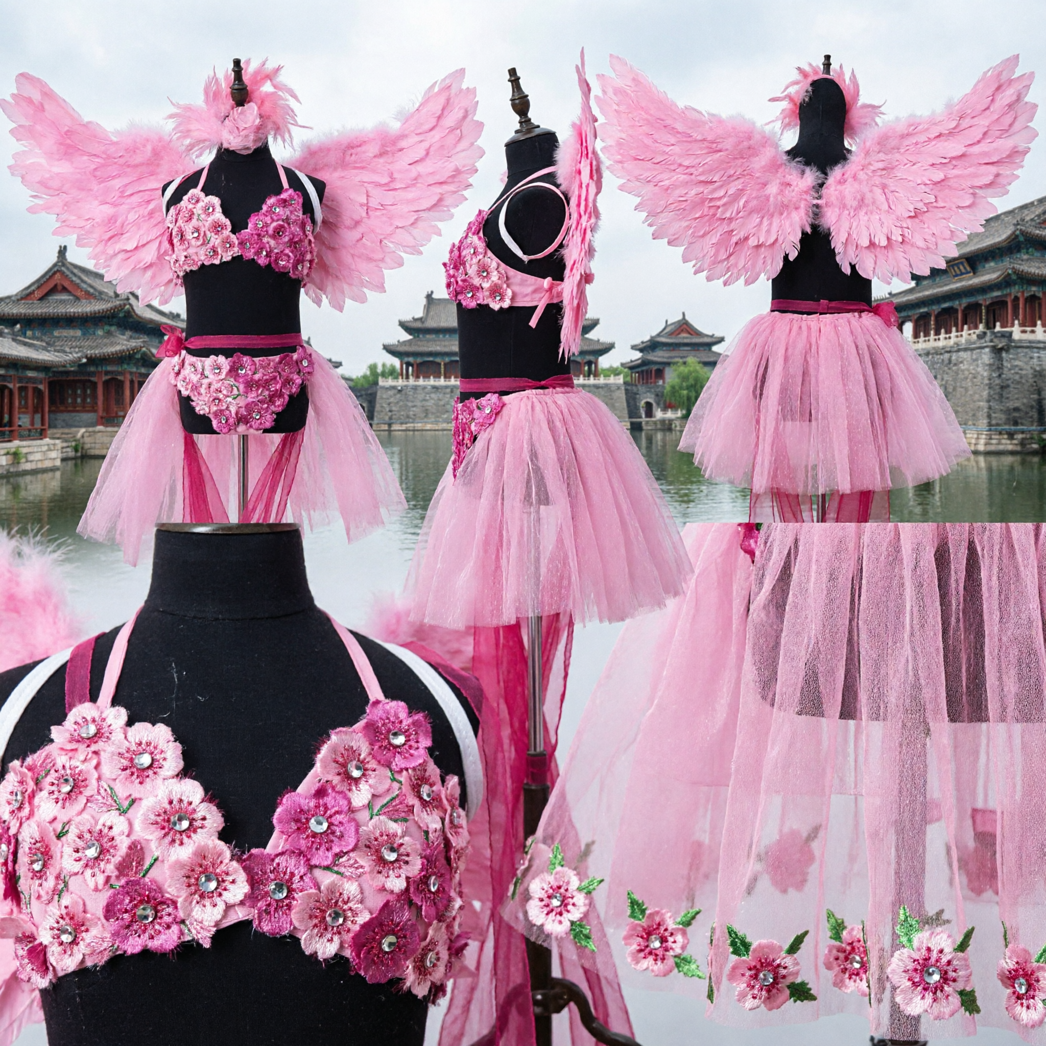 Traje de Escenario con Alas de Plumas Rosas con Trenza Larga de Tul y Tocado para Baile de Carnaval de Mujer - Asian Costume