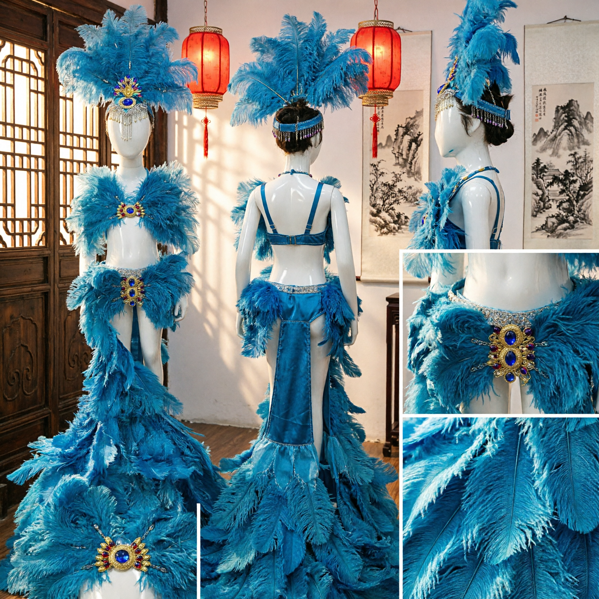 Women's Blue Feather Samba Carnival Costume Set with Headdress and Long Train for Stage Performance - Asian Costume