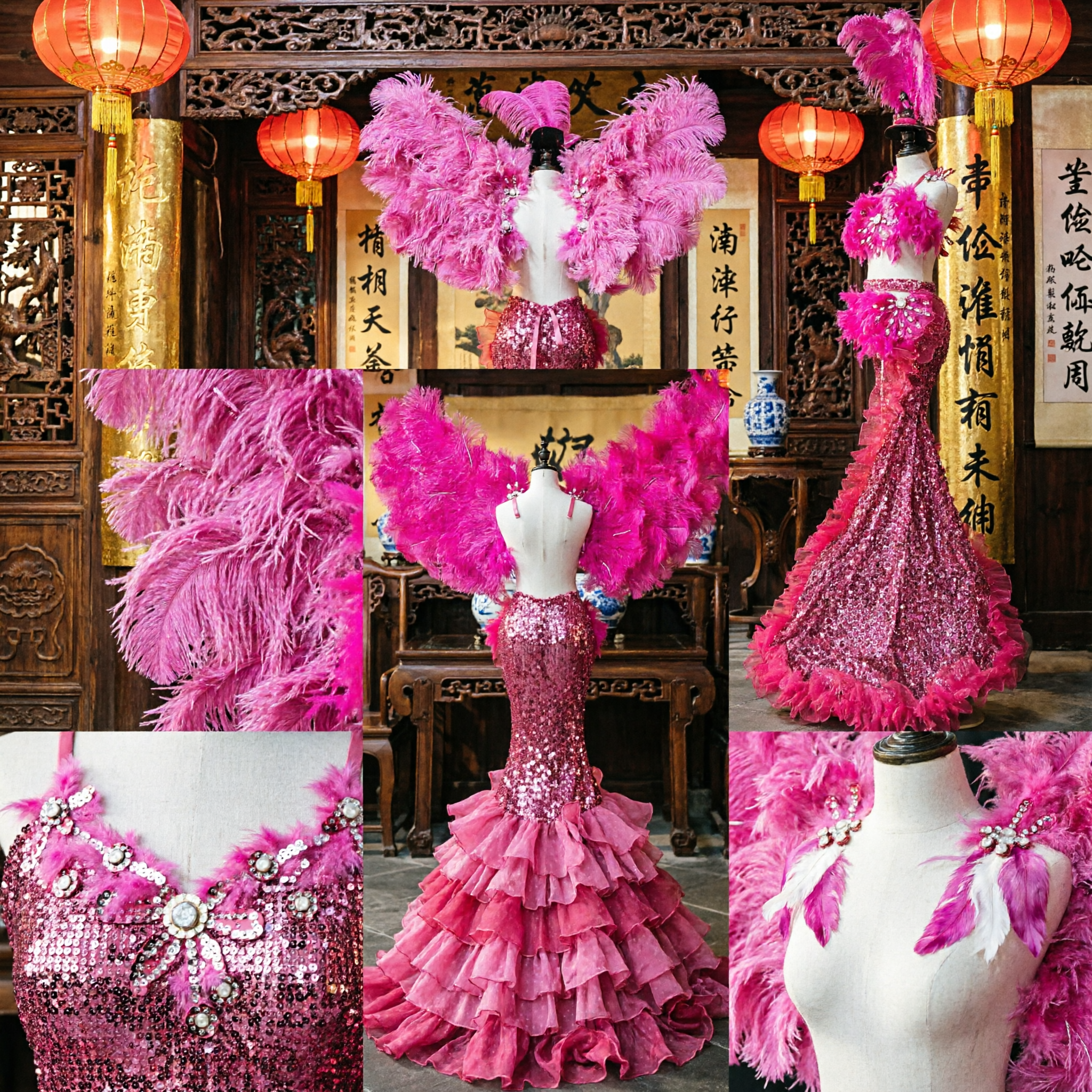Traje Profesional de Plumas Rosa Fuerte para Showgirl de Carnaval con Alas, Tocado y Falda de Lentejuelas para Actuación de Danza Escénica - Asian Costume