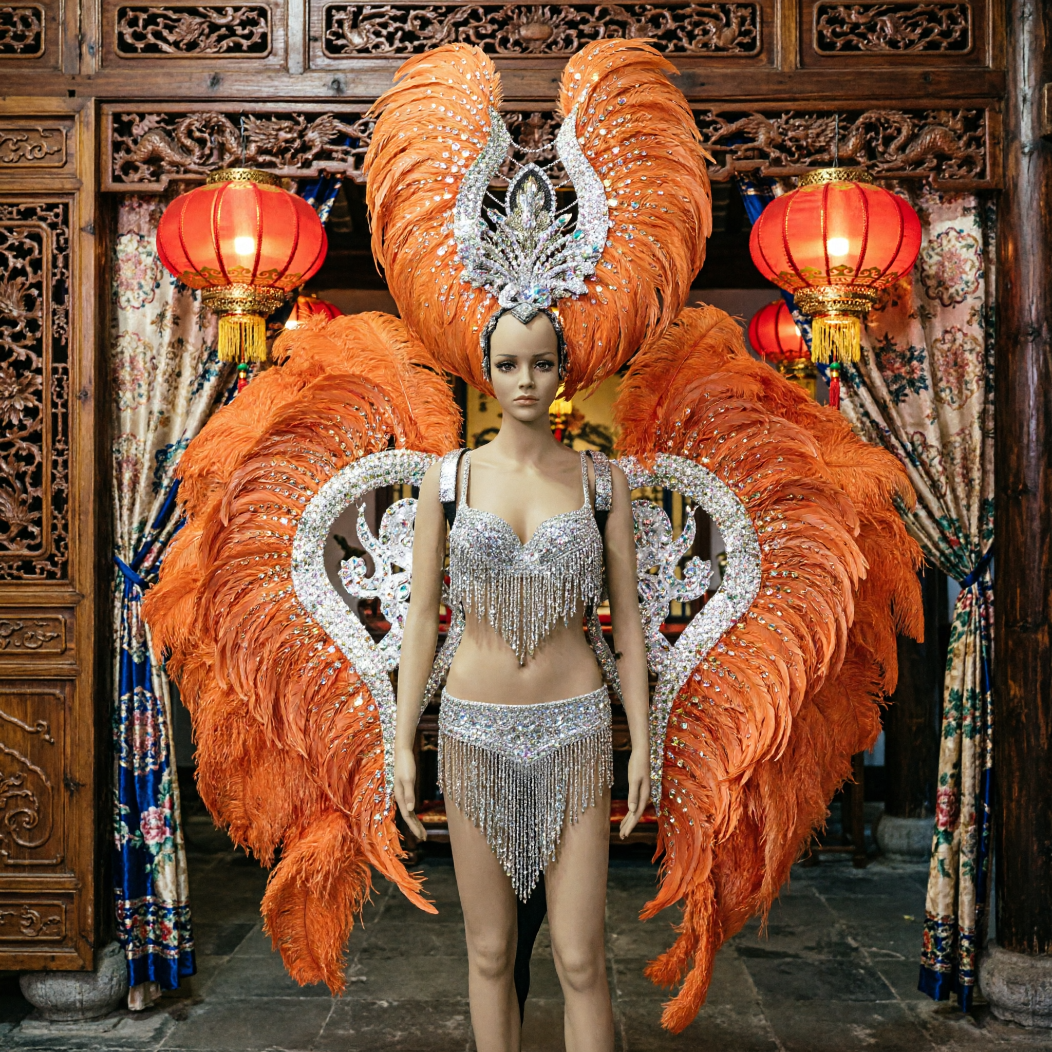 Traje de Samba de Carnaval de Río Brasileño con Plumas Naranjas y Bodysuit Plateado de Lentejuelas con Grandes Alas Traseras - Asian Costume