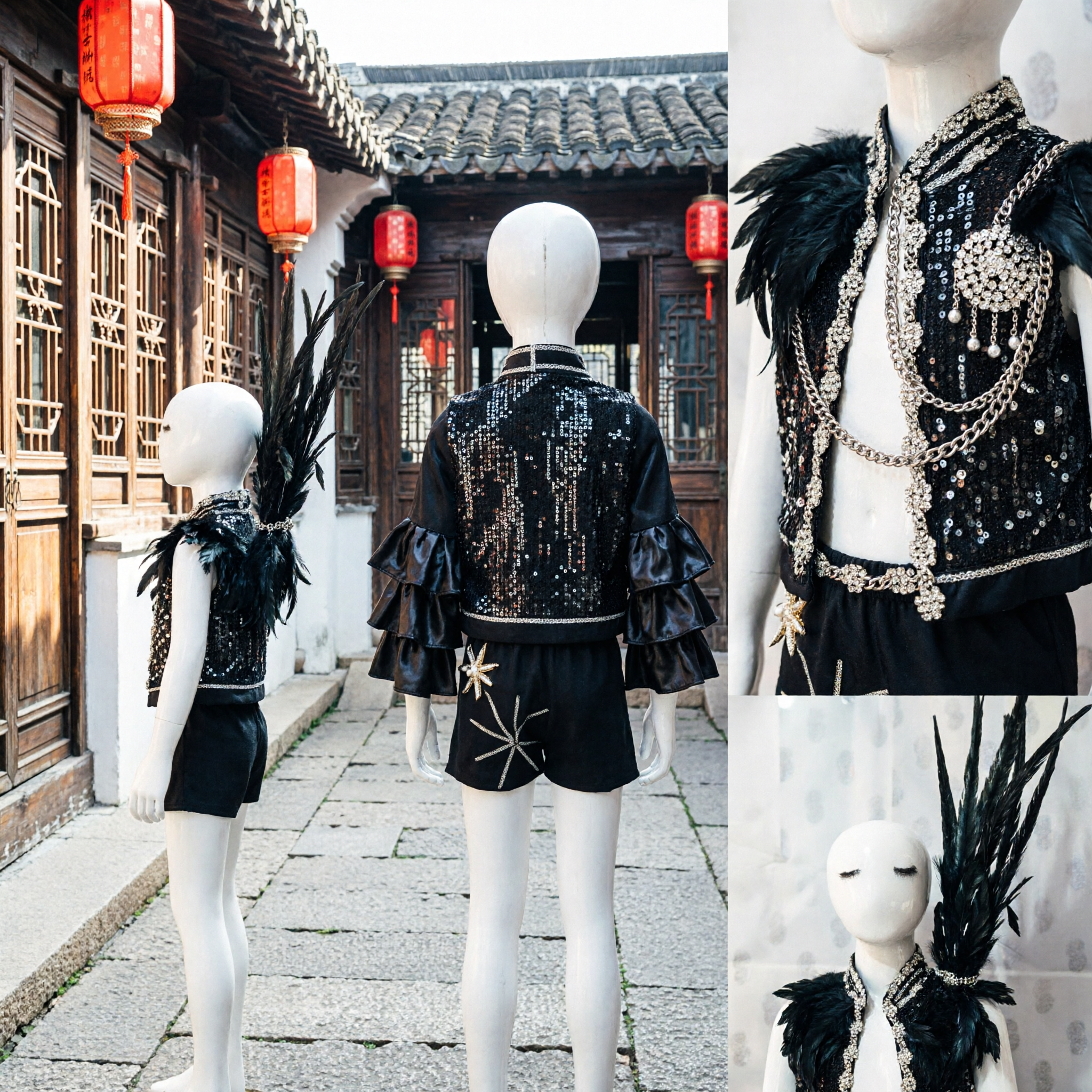 Traje de Actuación Escénica de Chaleco y Pantalones Cortos de Plumas Negras para Hombres con Tocado para Danza Jazz - Asian Costume