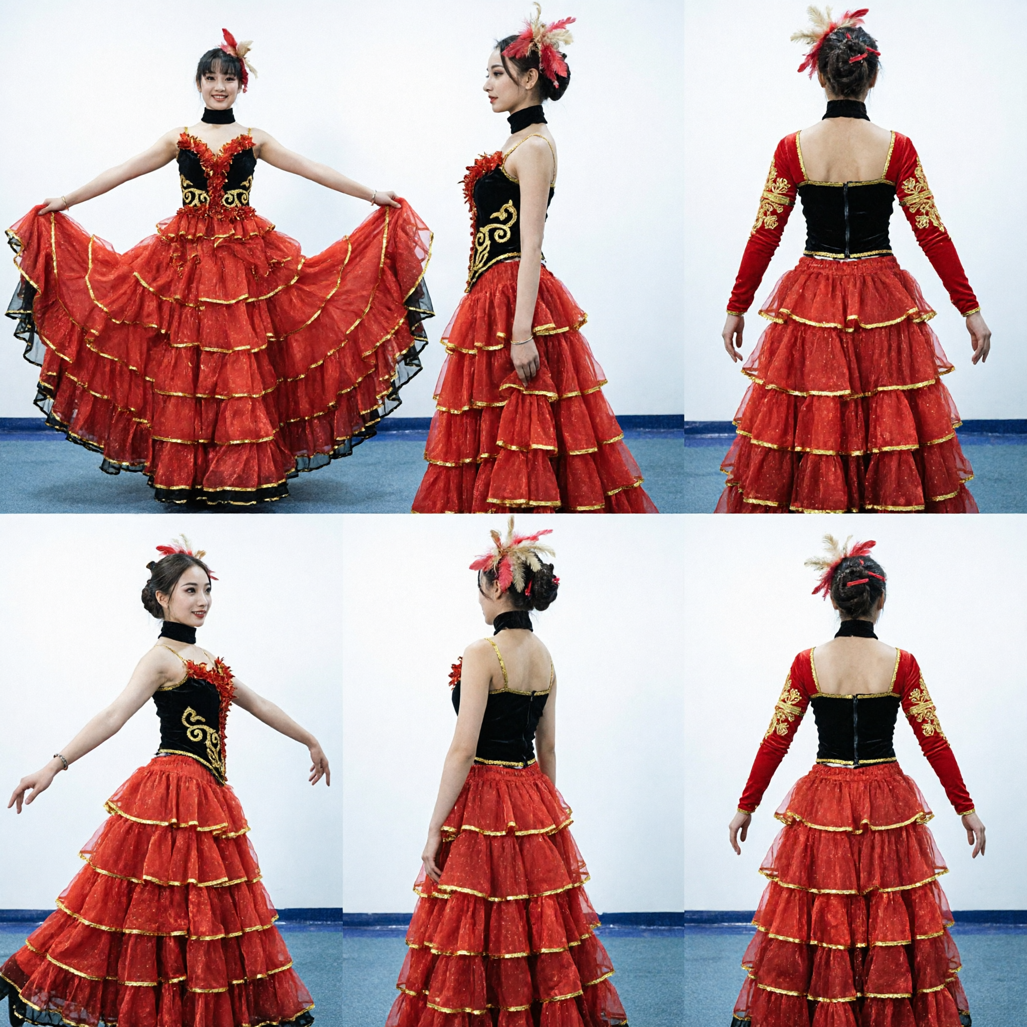 Costume de danse flamenco espagnol pour femmes avec jupe à volants et coiffe pour spectacle sur scène - Asian Costume
