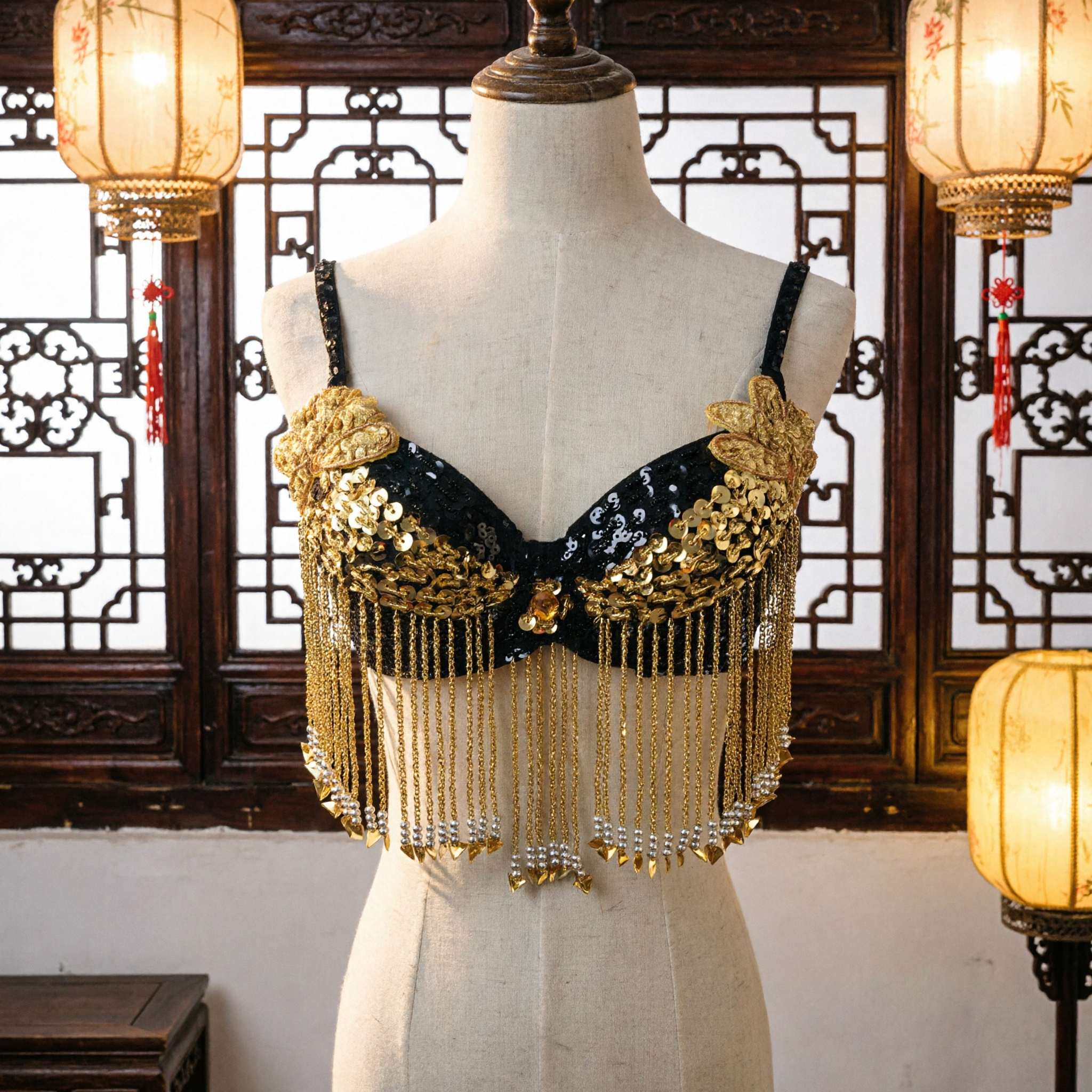 Women's Black and Gold Sequin Belly Dance Bra Top with Long Fringe for Stage Performance - Asian Costume