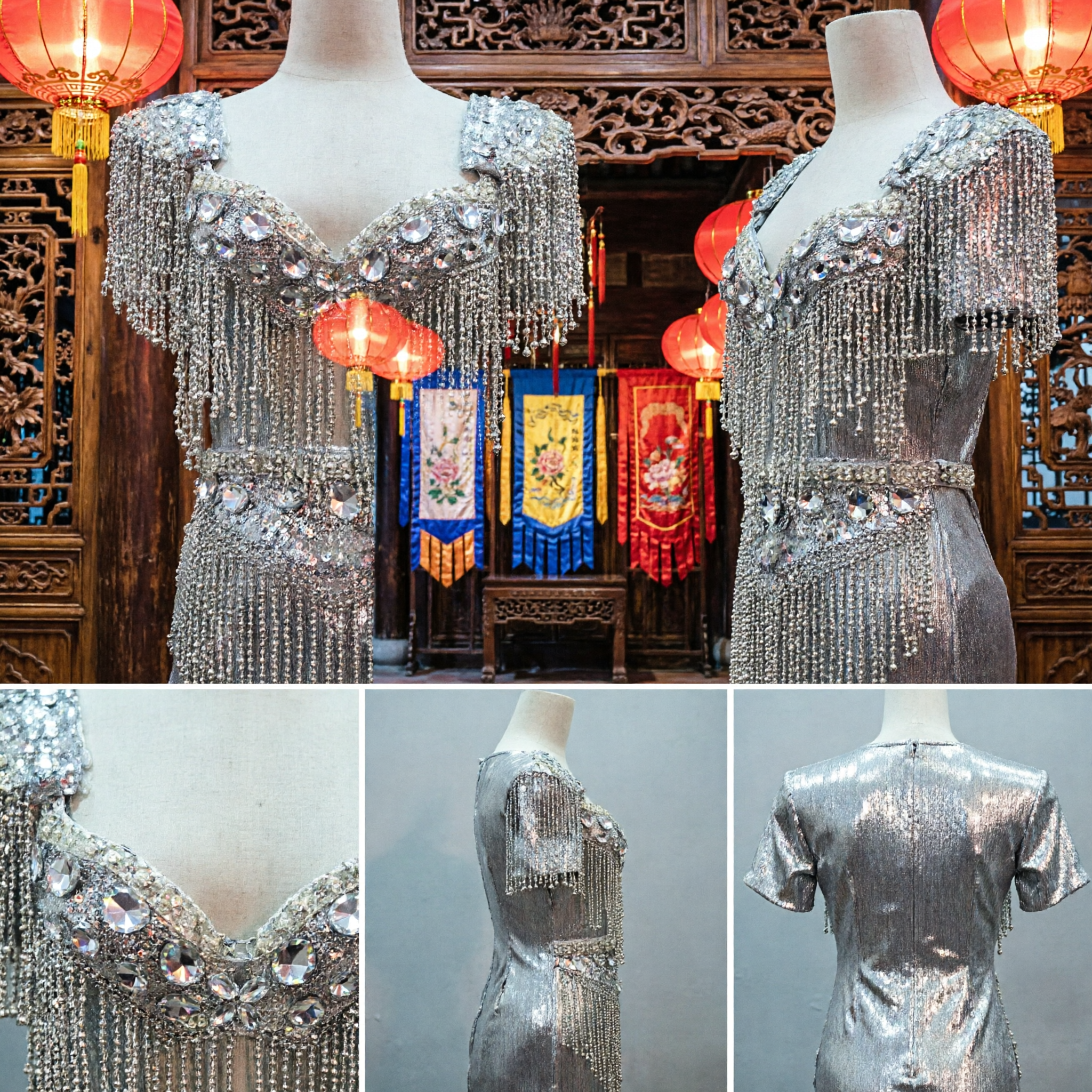 Damen-Silbernes-Perlen-Fransen-Tanzkostüm-Zweiteiler-Set für traditionelle Volksbühnenauftritte - Asian Costume