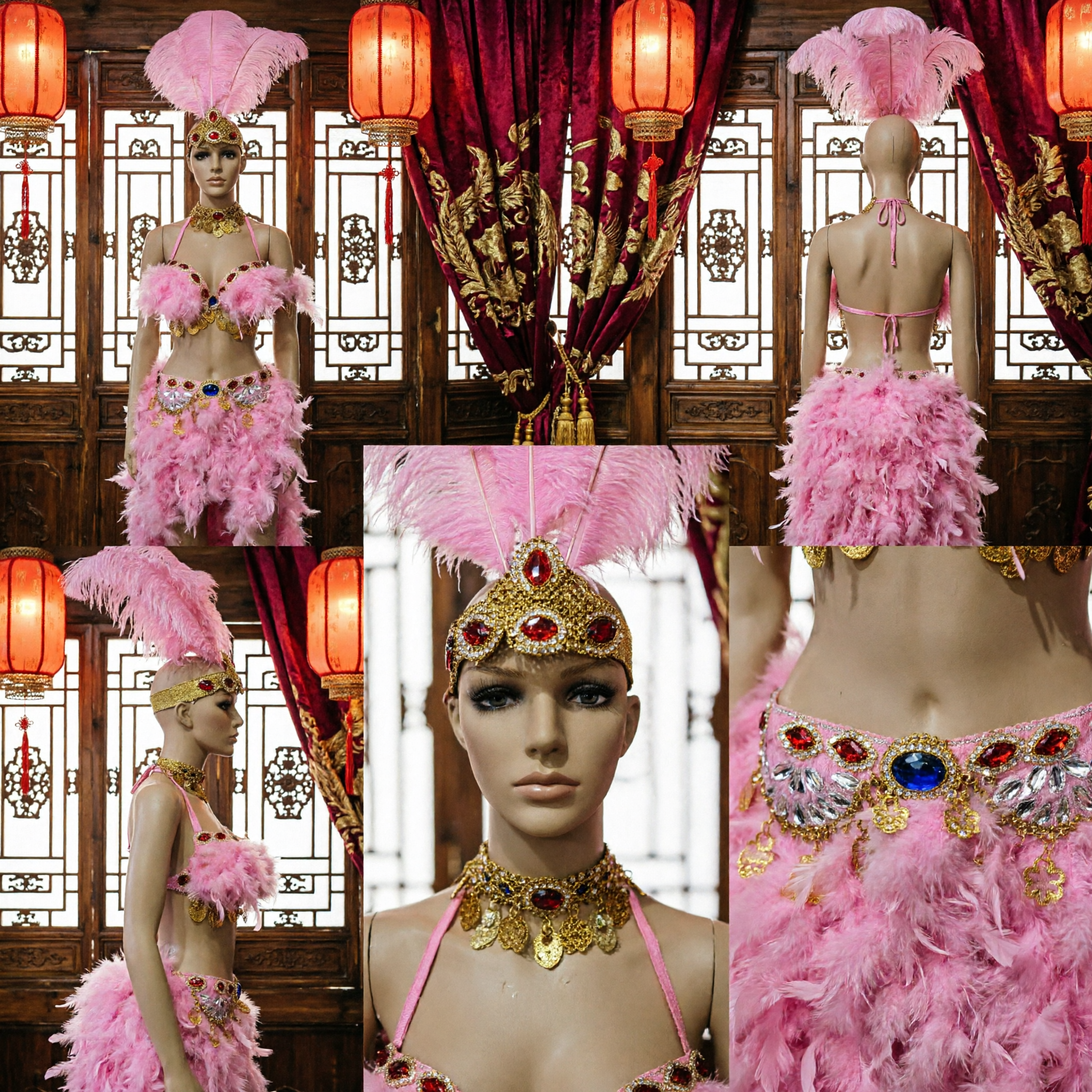 Costume de danse samba carnaval en plumes roses, tenue de showgirl burlesque avec coiffe, collier et jupe - Asian Costume
