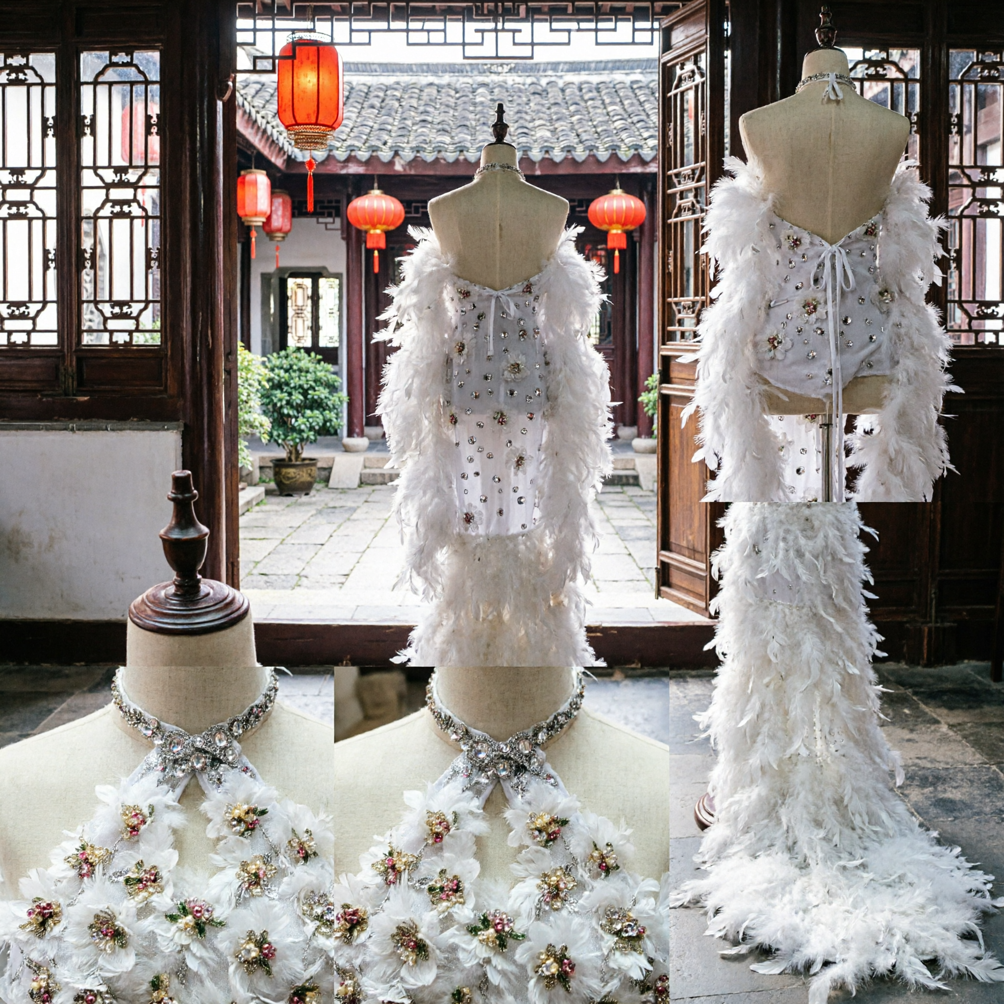 Traje Profissional de Dança Latina com Penas Brancas, Vestido Alça Brilhante com Strass e Flores para Performance de Samba Cabaré no Palco - Asian Costume